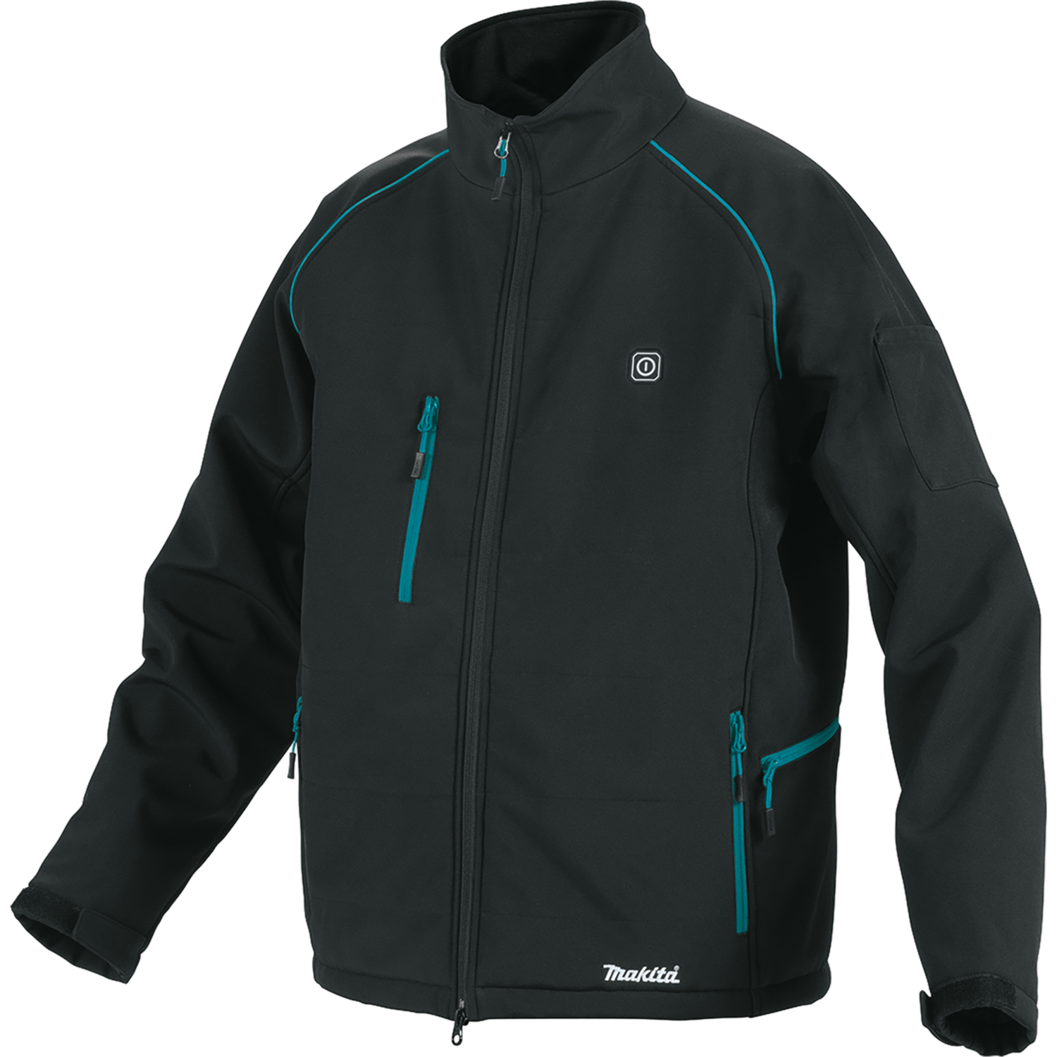 Giacca softshell Makita nera con accenti e zip blu.
