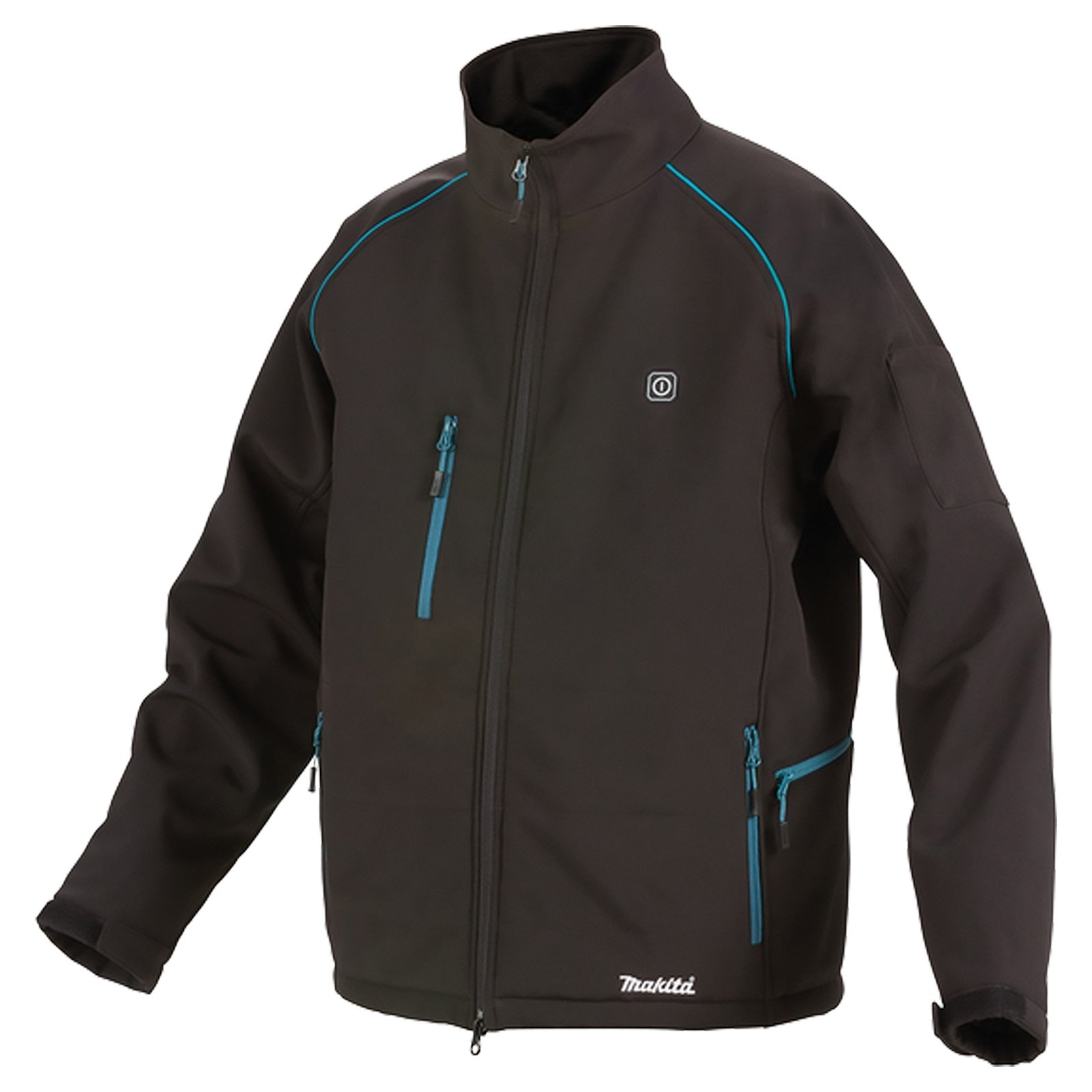 Giacca Makita nera con accenti blu, zip e logo.