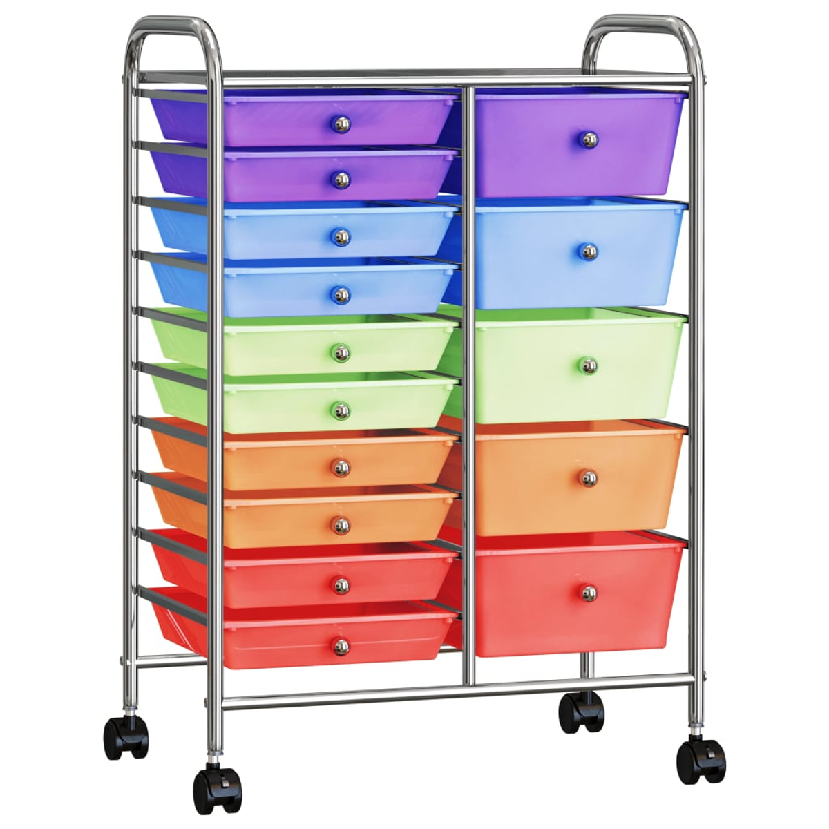 Rollwagen mit 12 bunten Schubladen in Violett, Blau, Grün, Orange und Rot.