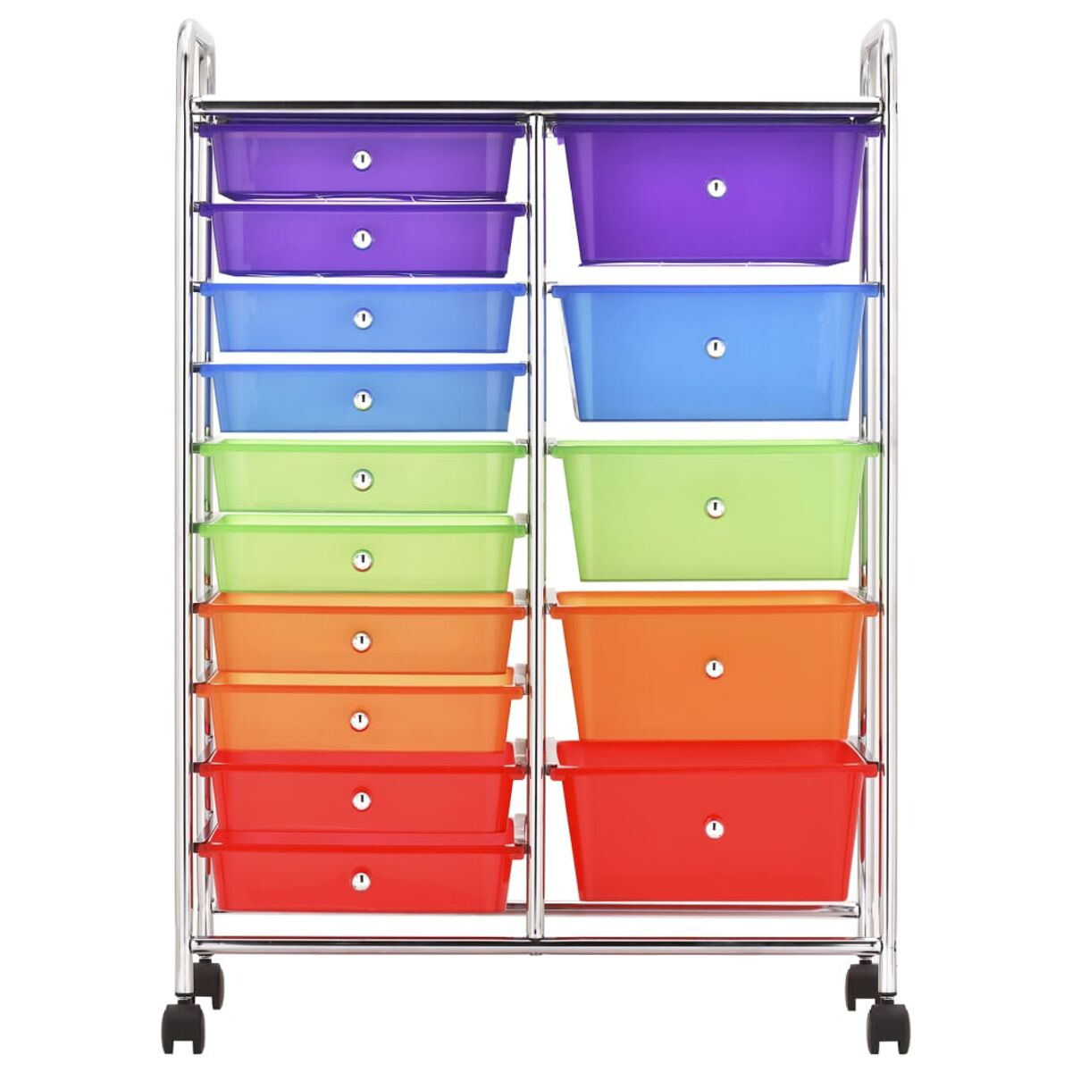 Ein Metallwagen mit 12 bunten Schubladen in Violett, Blau, Grün und Orange.