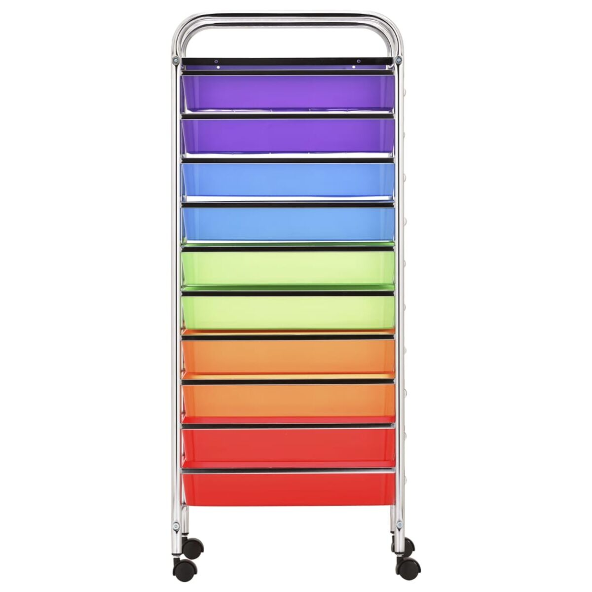 Ein Rollwagen mit zehn Schubladen in Regenbogenfarben auf silbernem Gestell.