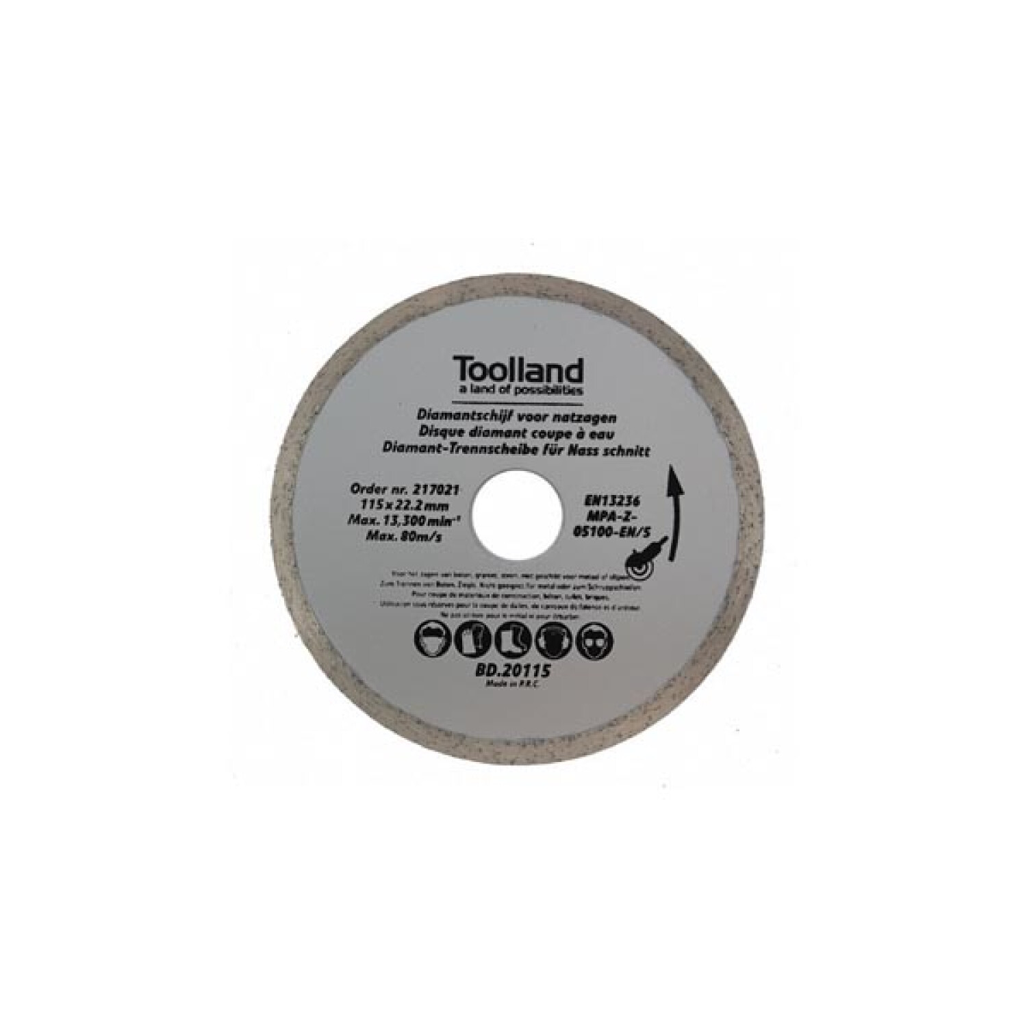 Ein Toolland Diamantschleifscheibe für Nassschnitte, 115x22,2mm, weiß mit Aufdruck.