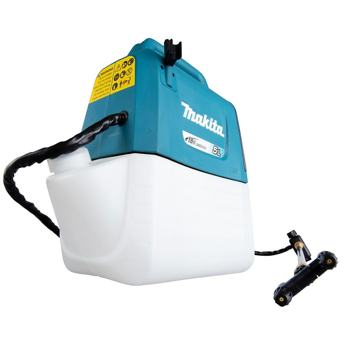 Uno spruzzatore Makita turchese con serbatoio bianco da 5L e tubo.