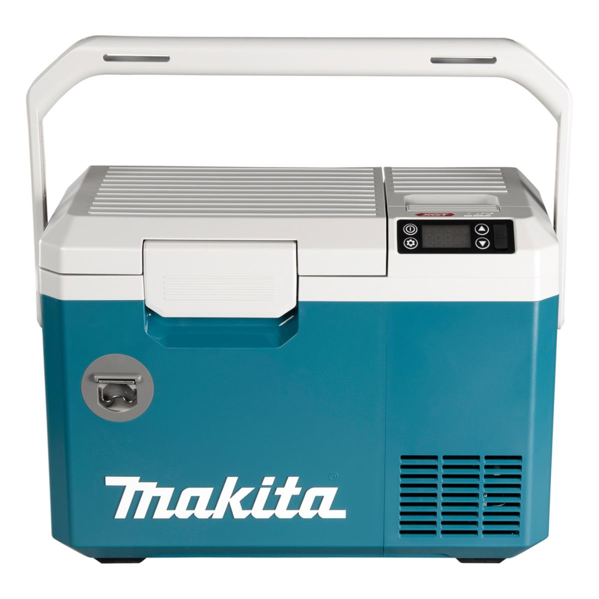 Un frigorifero Makita blu e bianco con display digitale e maniglia.