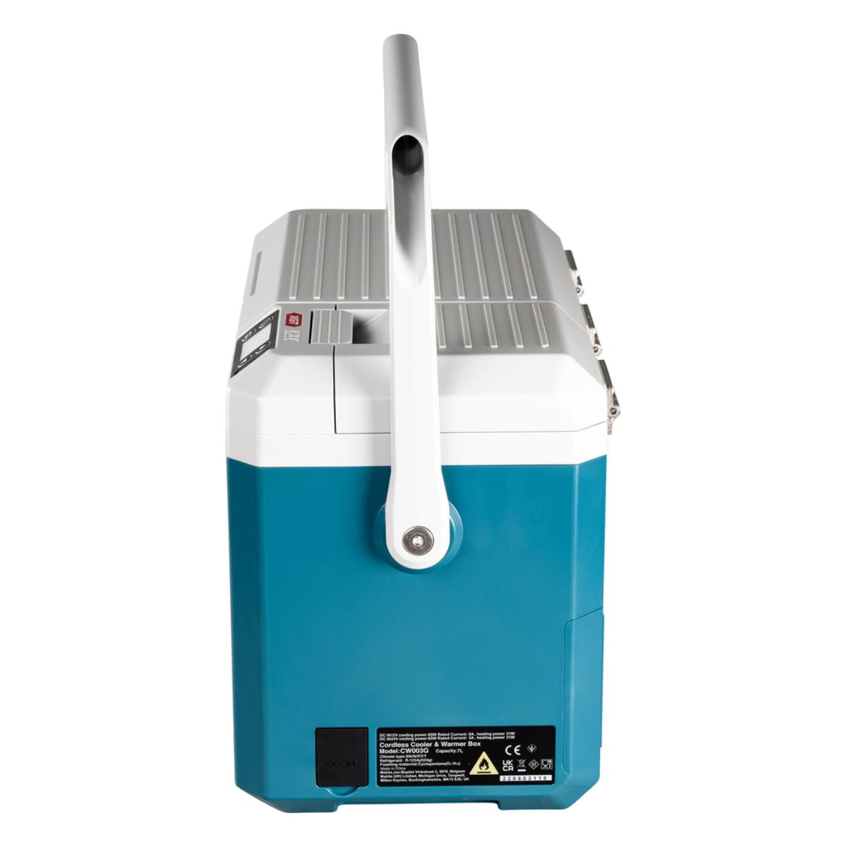 Un box refrigerante blu e bianco con manico e prese d'aria.