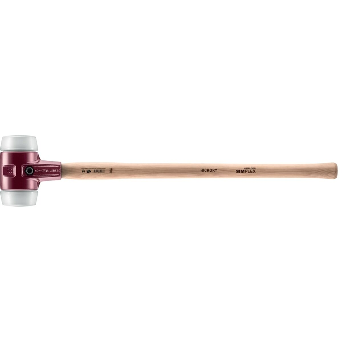 Ein roter Hammer mit weißem Kopf und Holzgriff liegt horizontal.