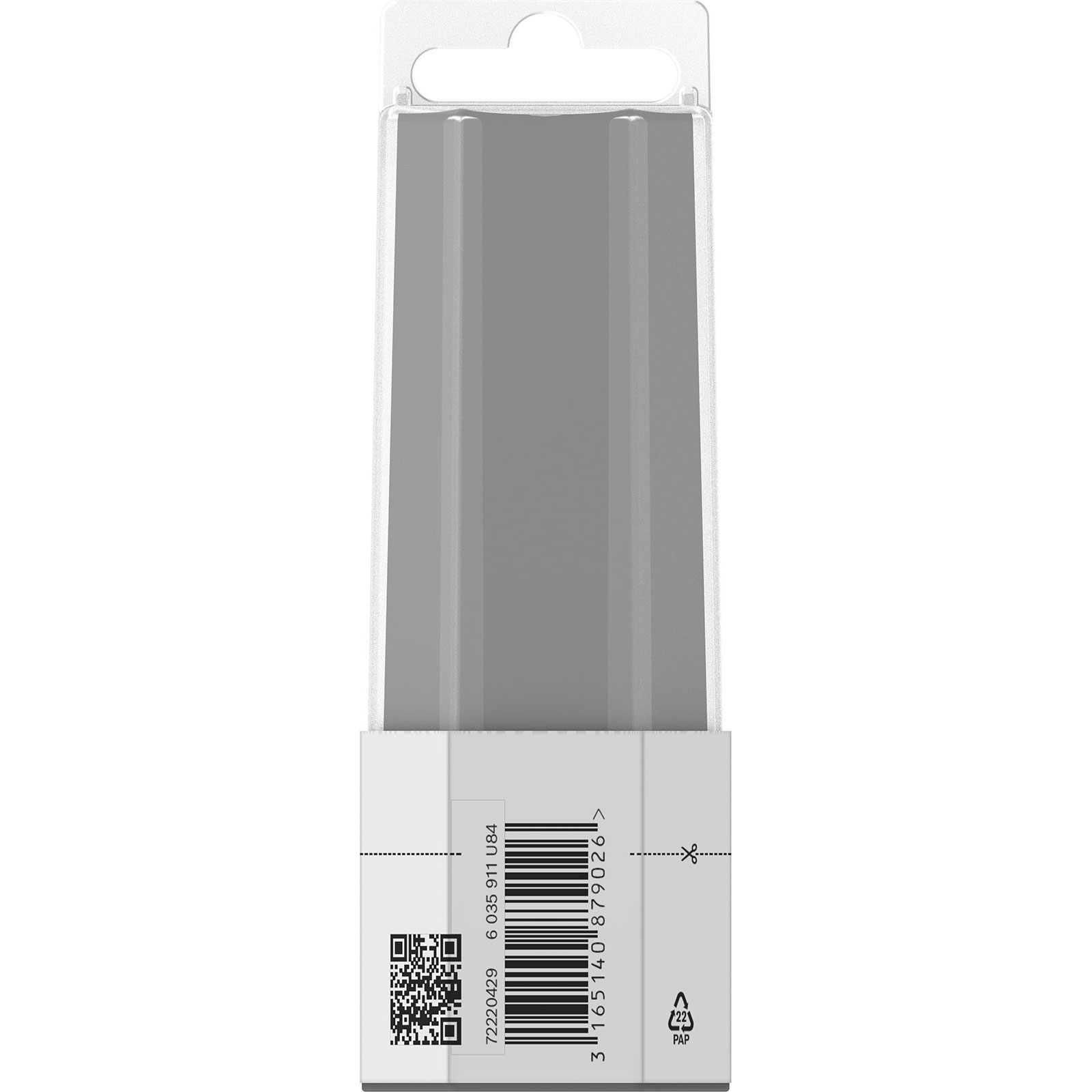 Grauer Gegenstand in transparenter Verpackung mit QR-Code und Barcode.