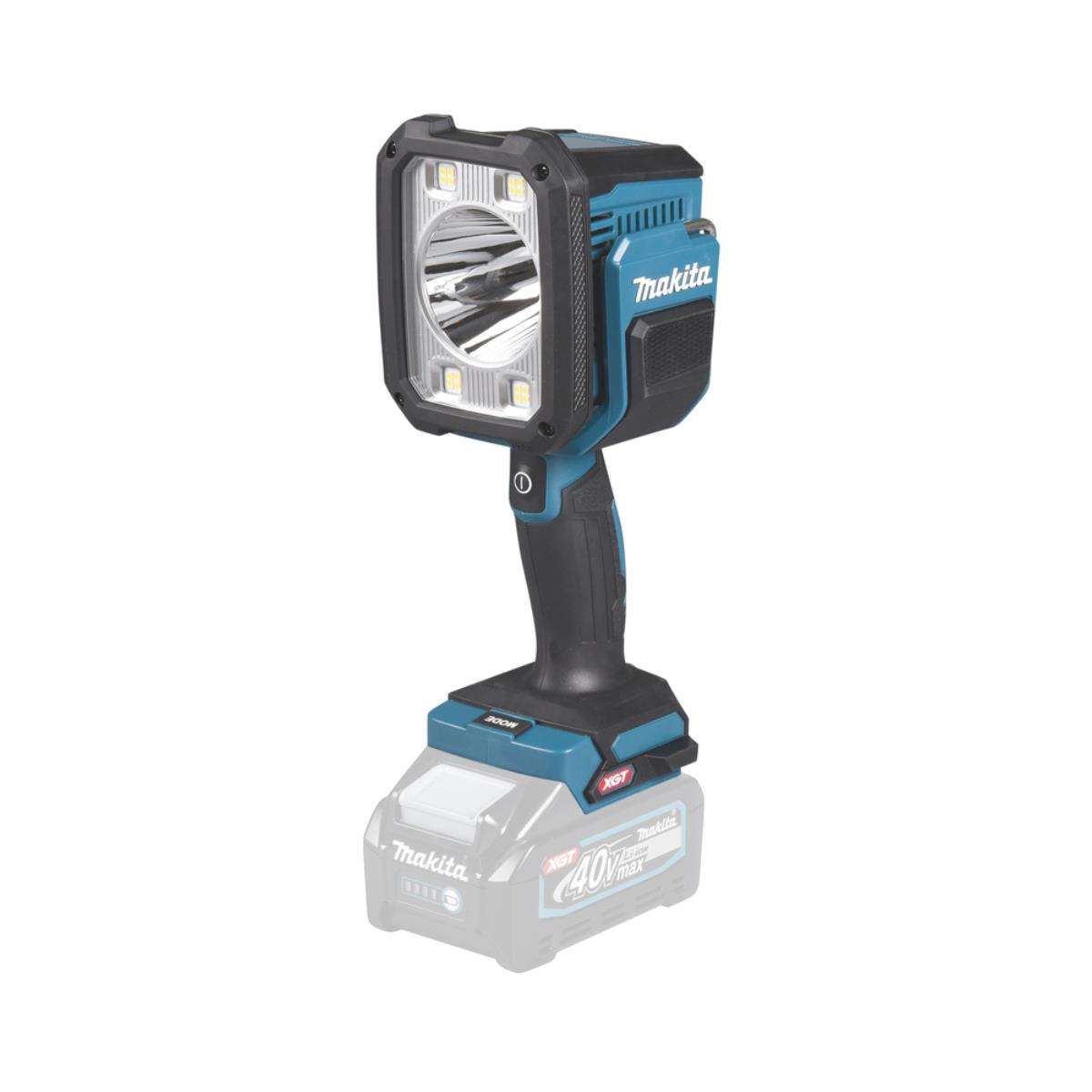 Una torcia da lavoro cordless Makita blu e nera con batteria da 40V.