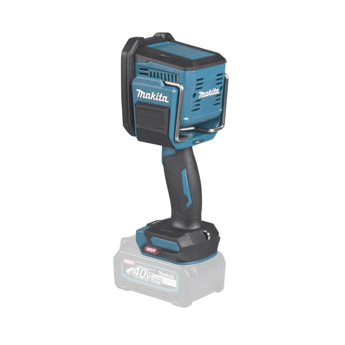 Una lampada da lavoro Makita blu con batteria da 40V.