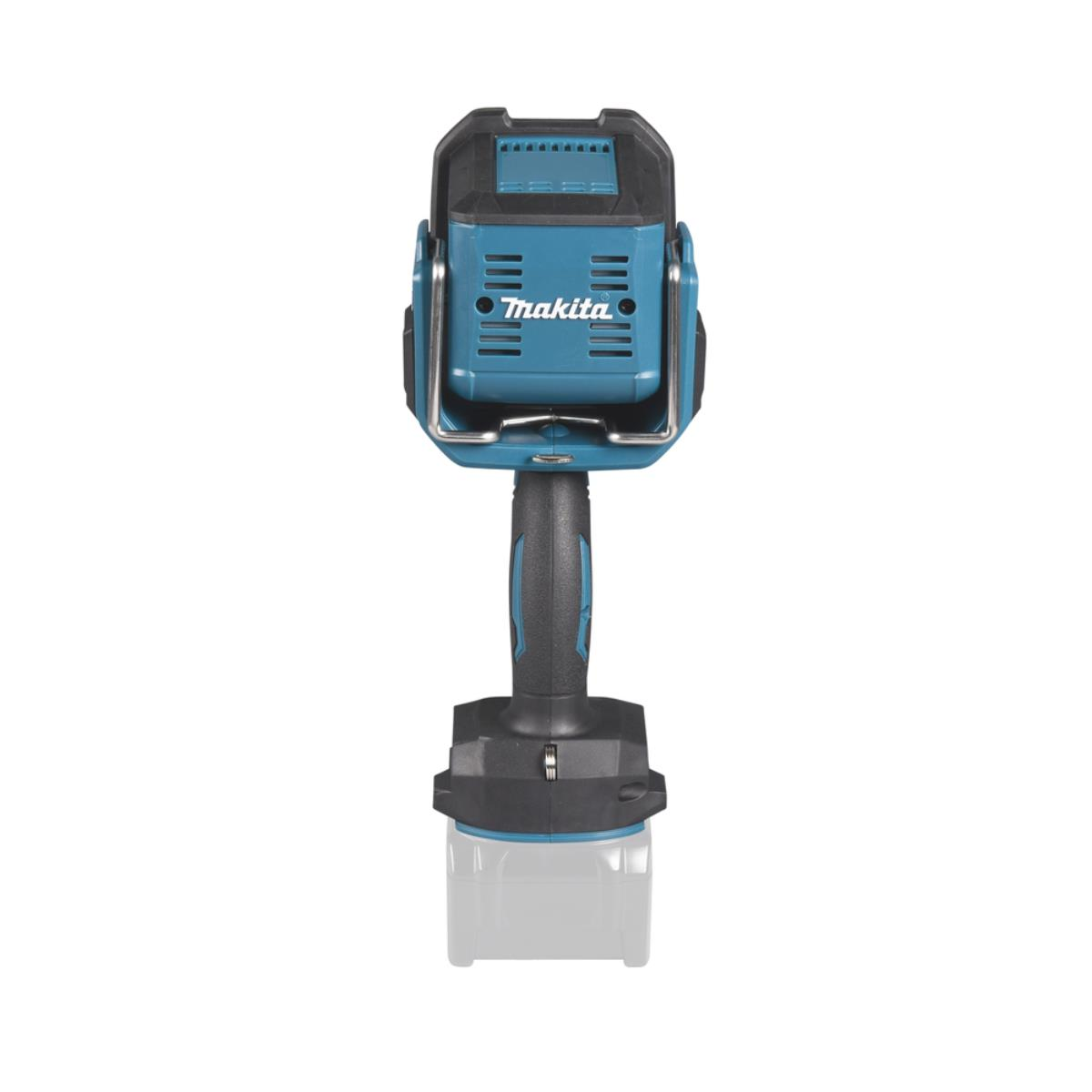 Una luce da lavoro Makita blu con manico e batteria neri.
