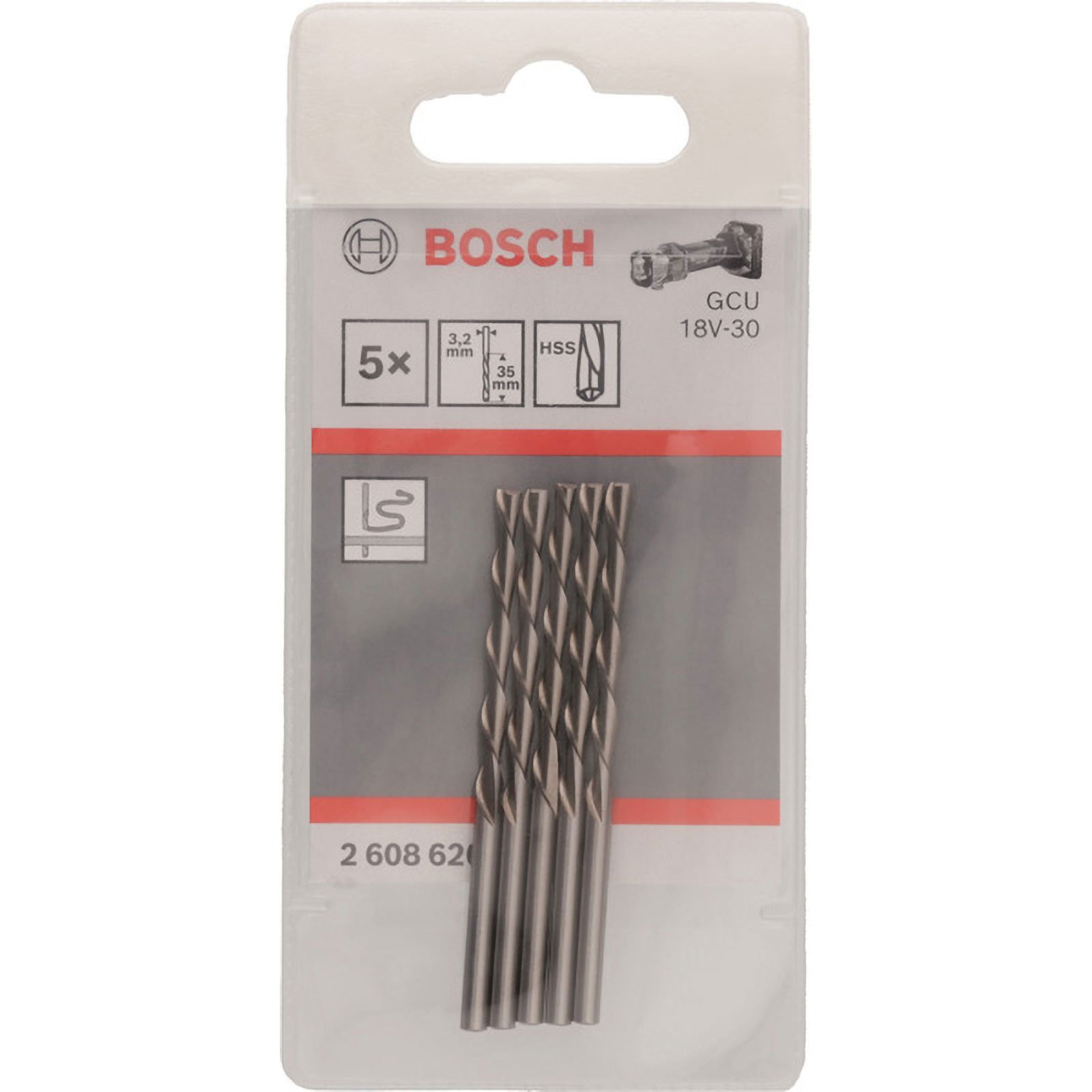 Confezione con cinque punte HSS Bosch, diametro 3,2 mm.