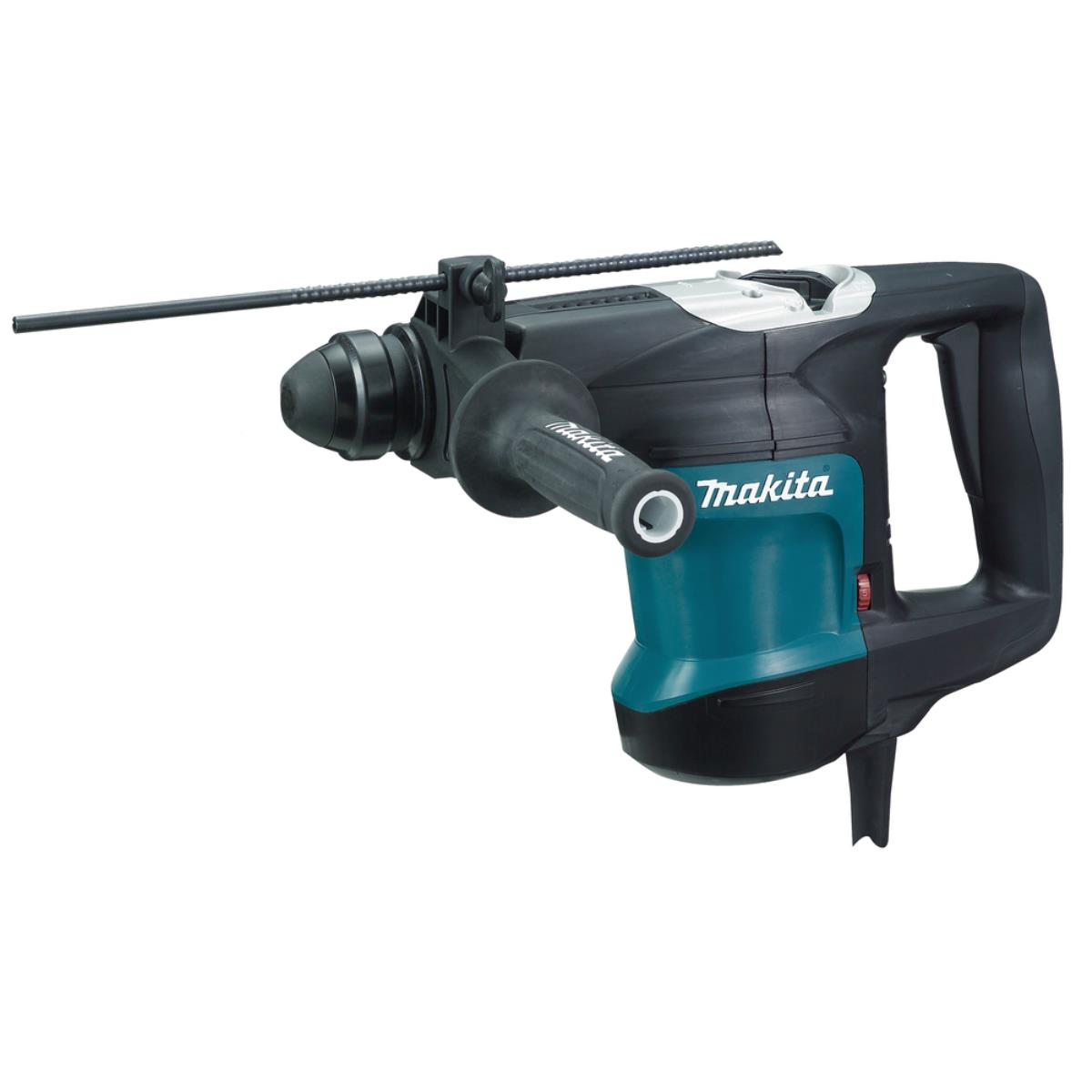 Un martello perforatore Makita nero e turchese con una lunga asta metallica che esce dal mandrino.