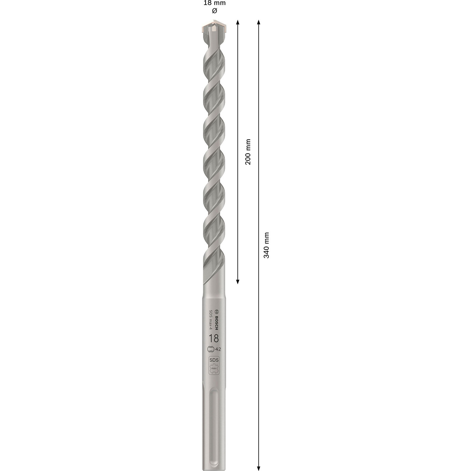 Una punta da trapano in metallo grigio con design a spirale, diametro 18 mm e lunghezza 340 mm.