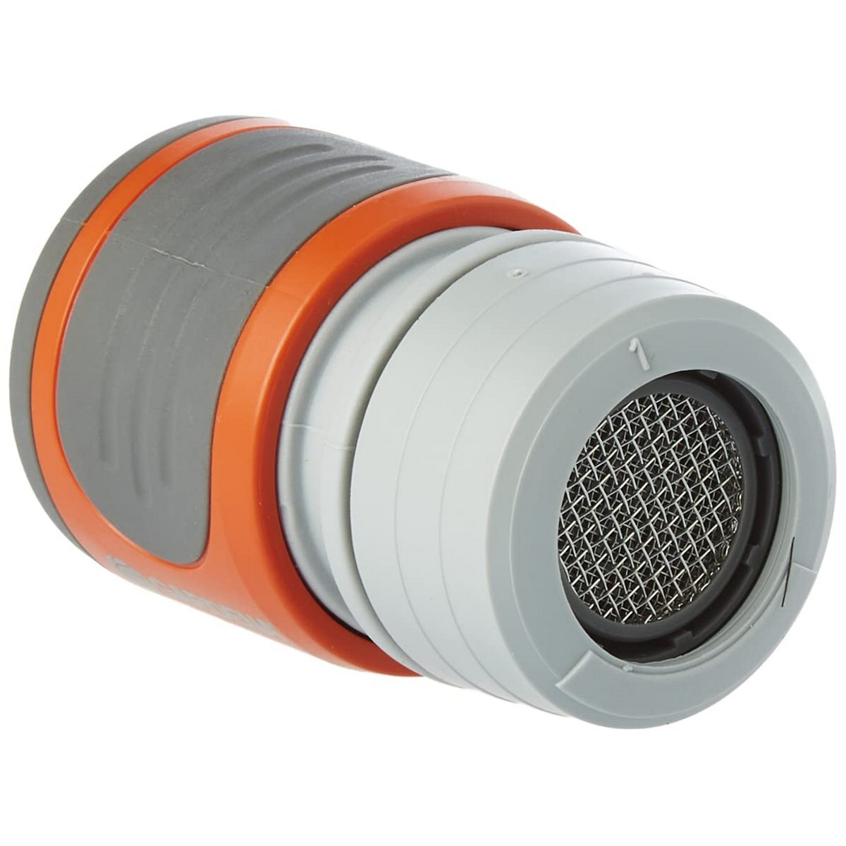 Connettore per tubo da giardino grigio e arancio con filtro anteriore.