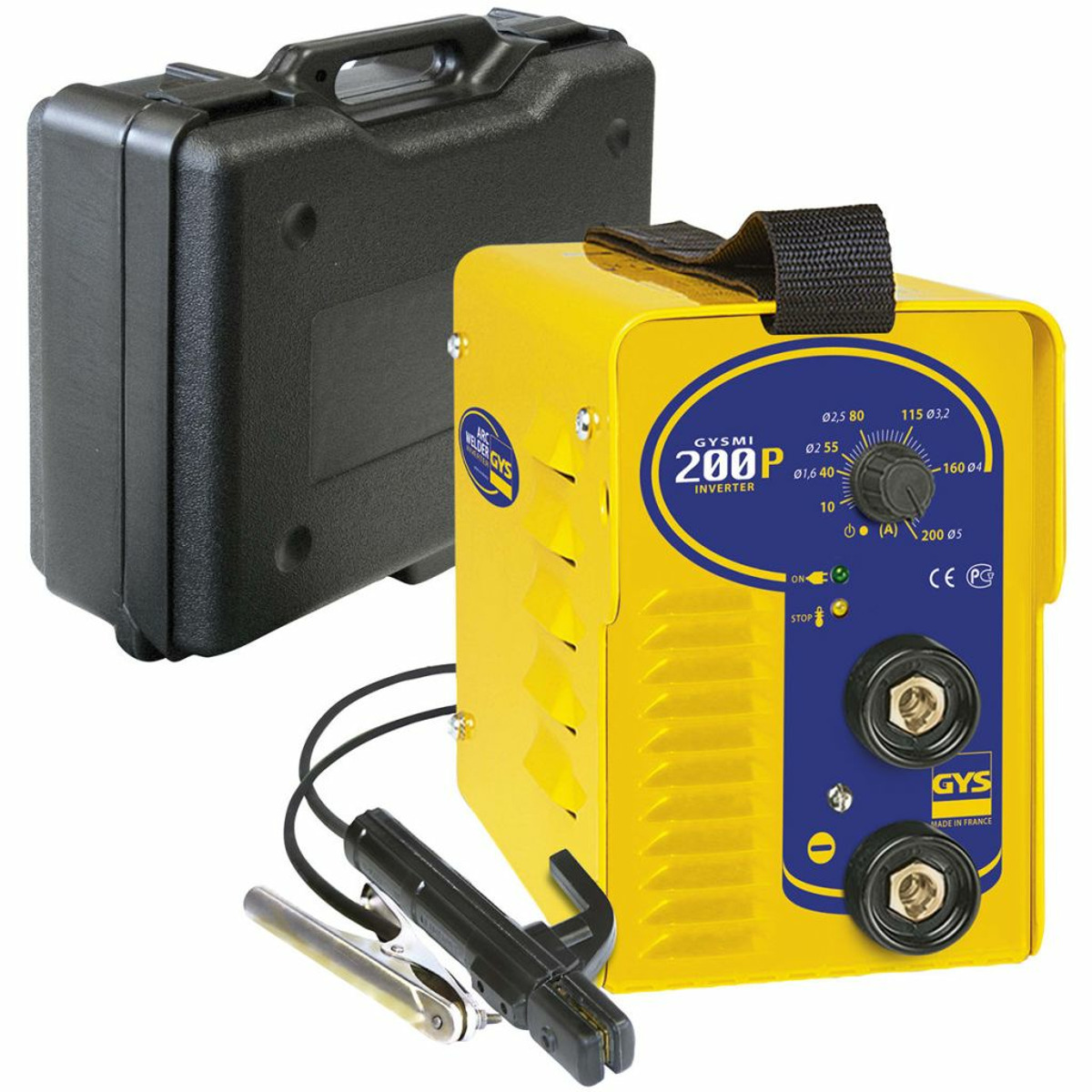 Inverter di saldatura giallo con valigetta e pinze nere.