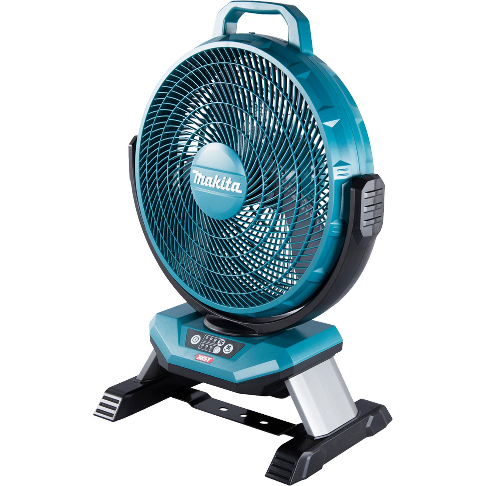 Un ventilatore Makita color verde acqua con supporto e maniglia neri.