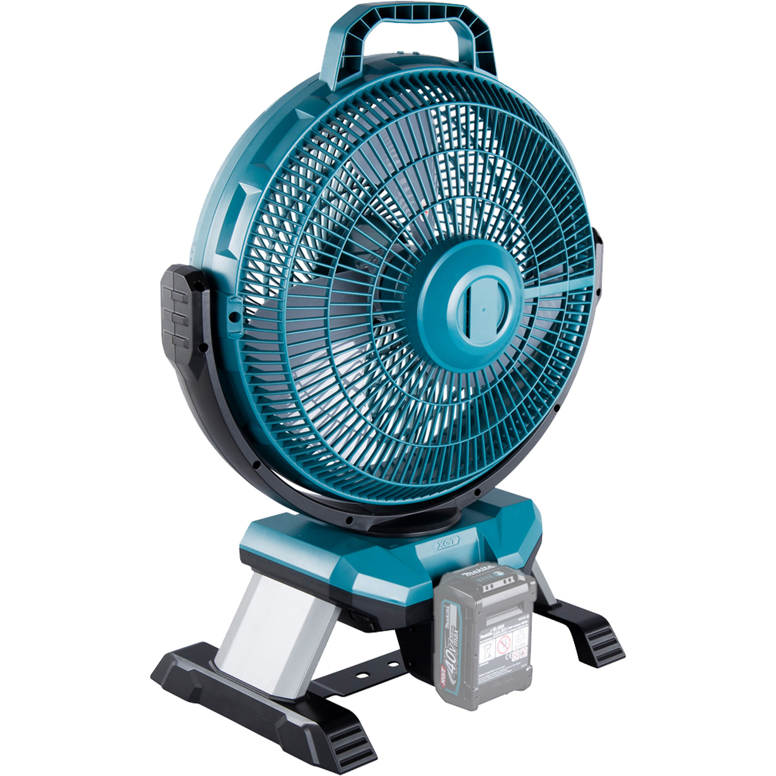 Un ventilatore verde acqua con batteria e manico neri, su sfondo bianco.