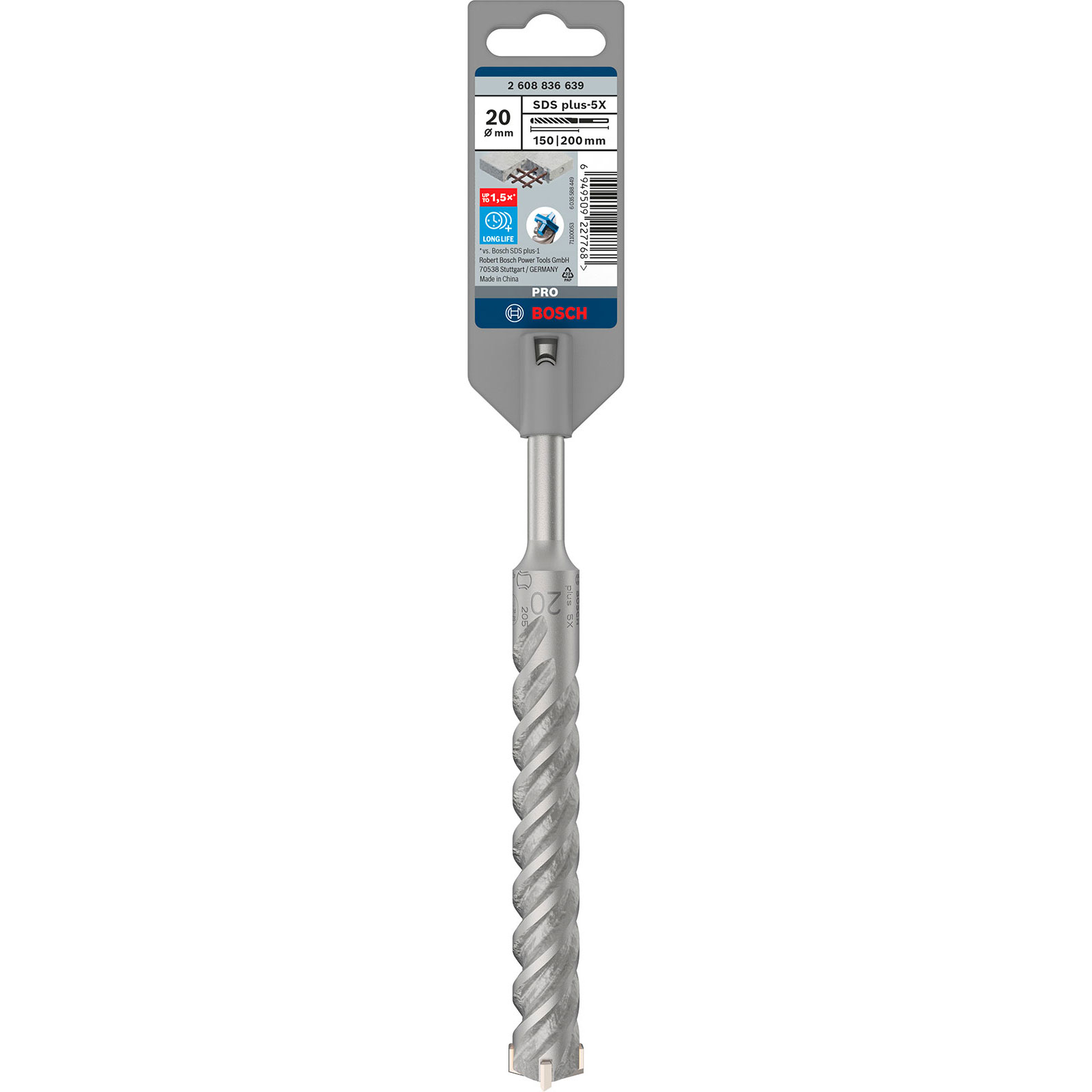 Bosch SDS plus-5X kırıcı-delici matkap ucu, 20mm çap, 200mm uzunluk, ambalajlı.