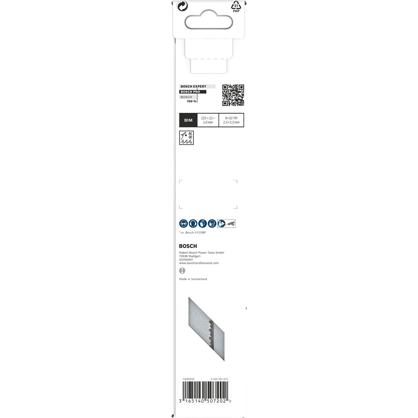 Verpackung für Bosch Sägeblatt mit Maßen 225x22mm, 1,6mm Dicke, 8+10 TPI.