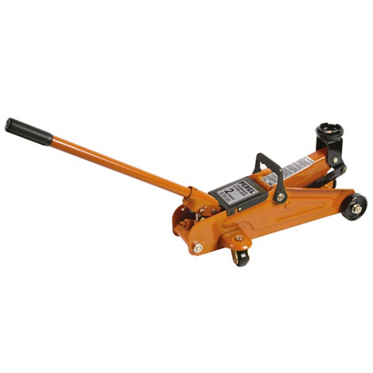 Ein orangefarner Wagenheber mit schwarzem Griff und Rädern, auf weißem Hintergrund.