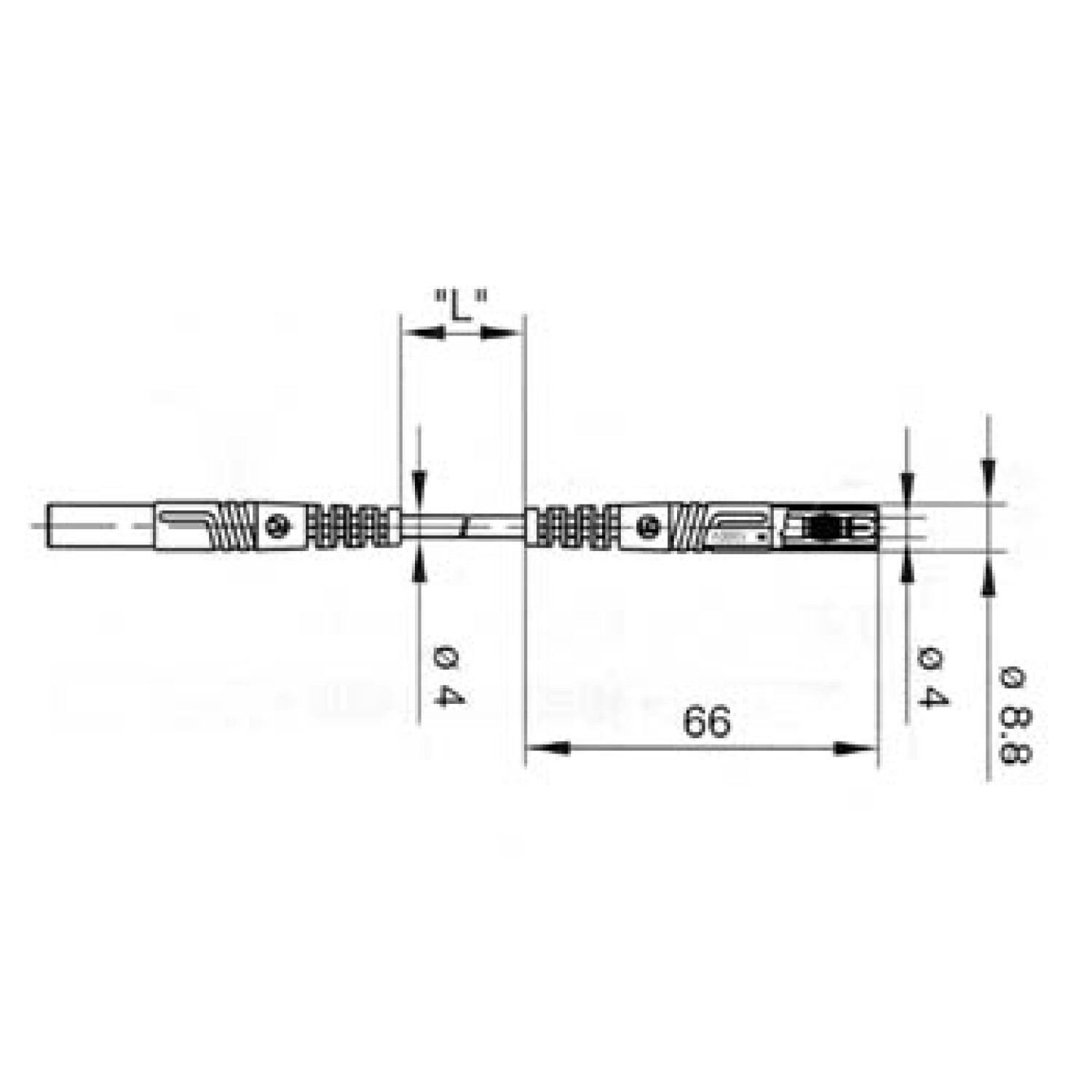 Technische Zeichnung eines Kabels mit Maßen. Durchmesser 4 mm und 8,8 mm.