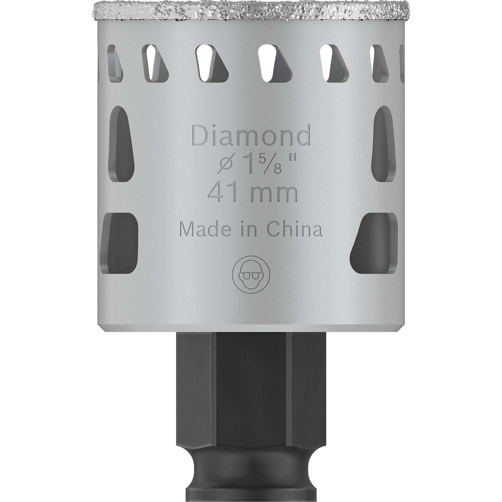 Silberner Bohrer mit Diamantbesatz und schwarzem Schaft. Beschriftung: Diamond 1 5/8" 41 mm.