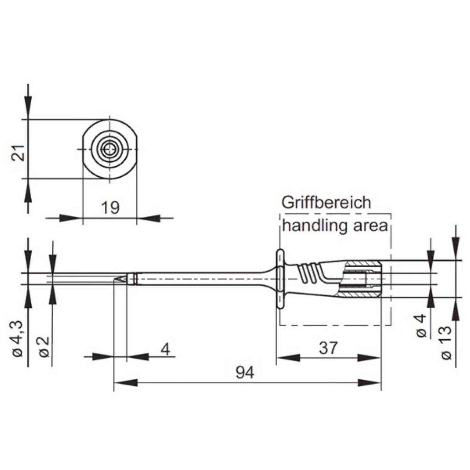 Technische Zeichnung eines Werkzeugs mit Maßen und Beschriftung 'handling area'.