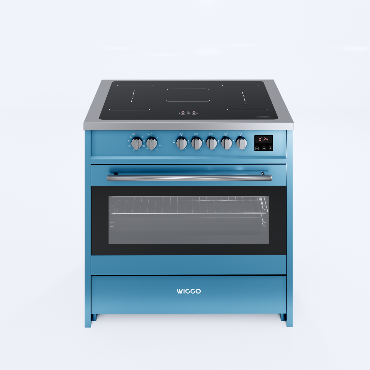 A blue gas range with an induction cooktop and oven.