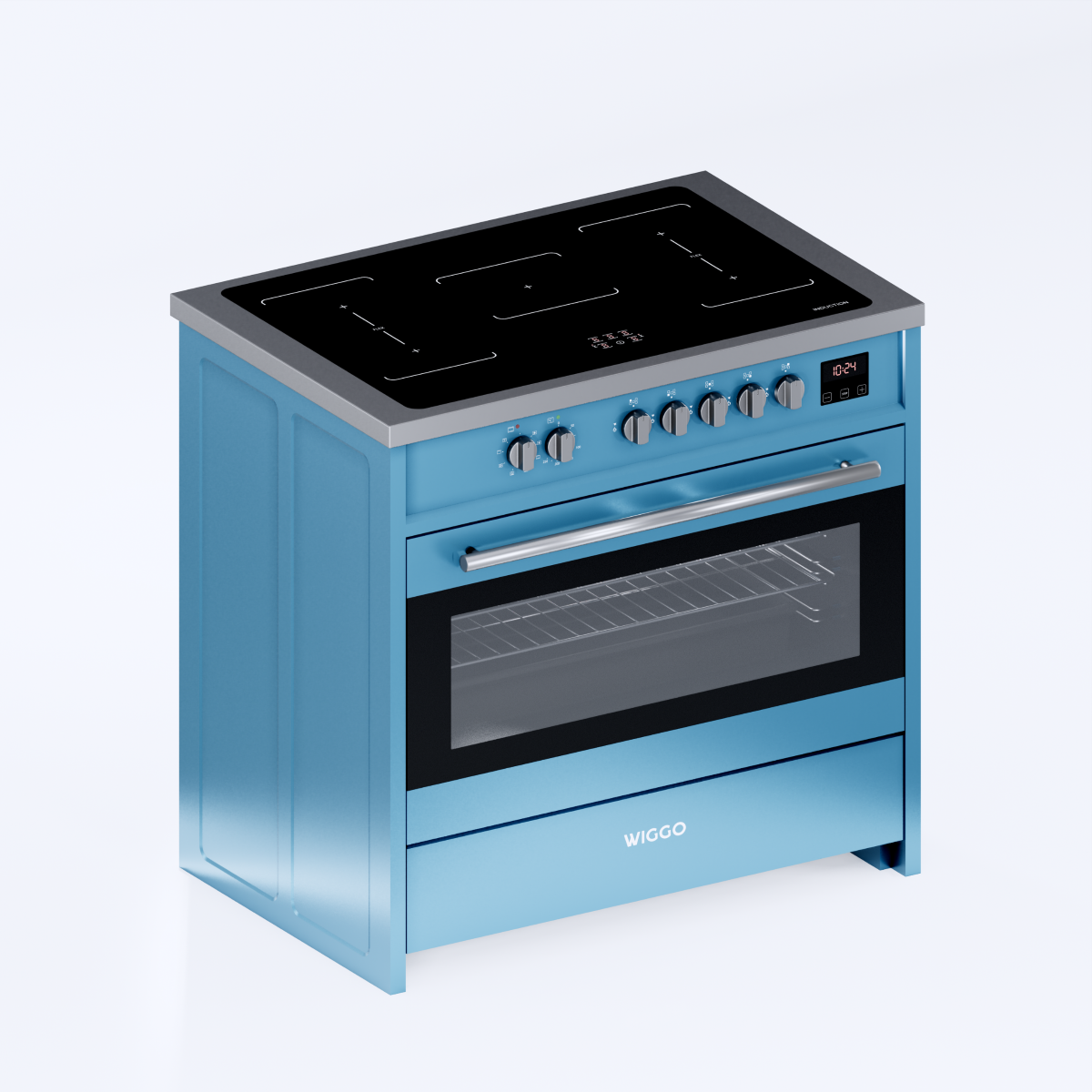 A turquoise stove with induction hob and oven with a silver handle.