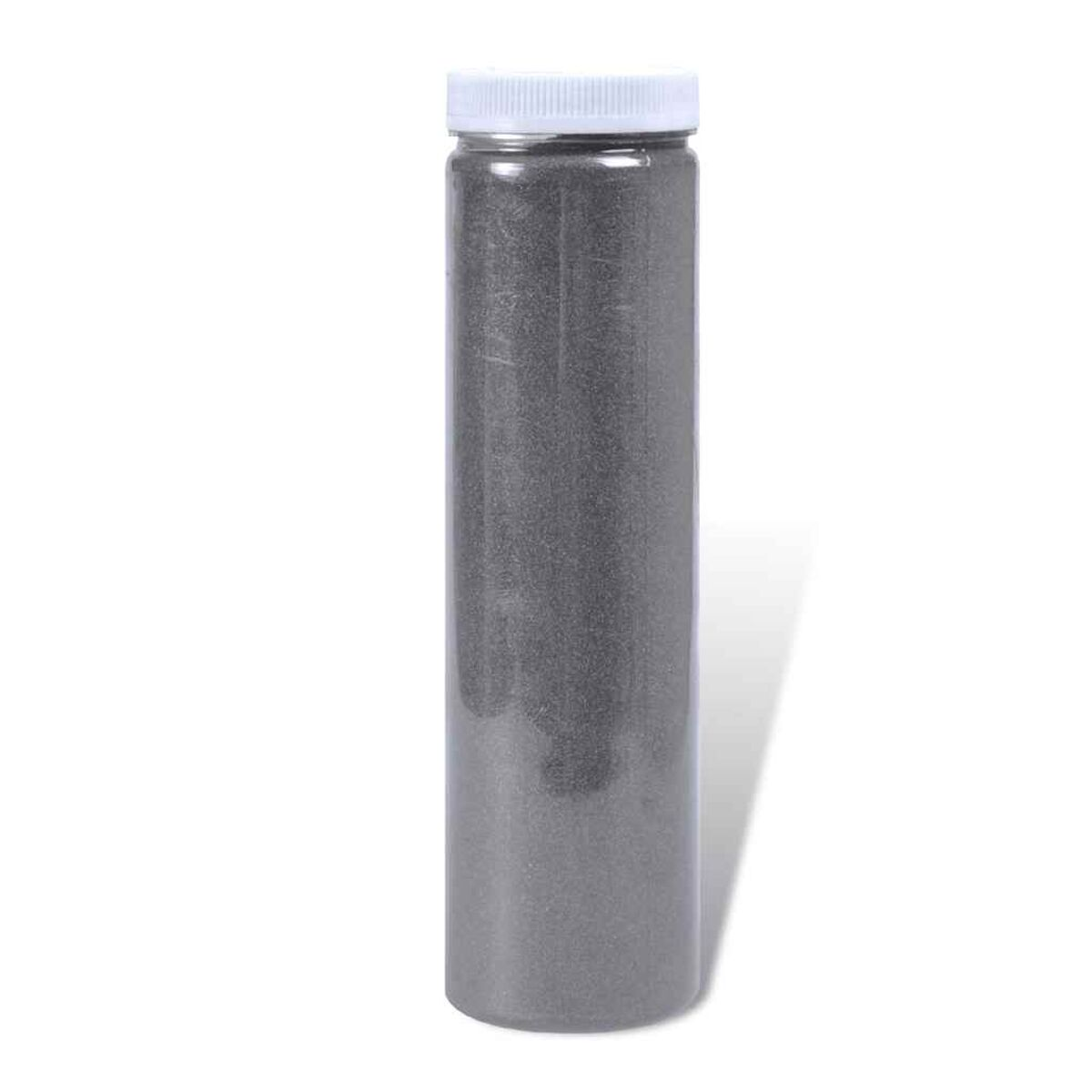 Un barattolo trasparente pieno di polvere glitterata grigia e tappo bianco.