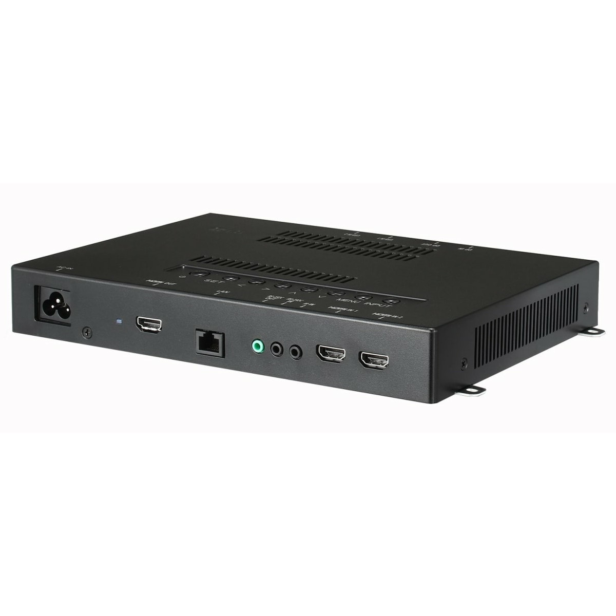 Schwarzes elektronisches Gerät mit Anschlüssen wie HDMI, Ethernet und Strom.