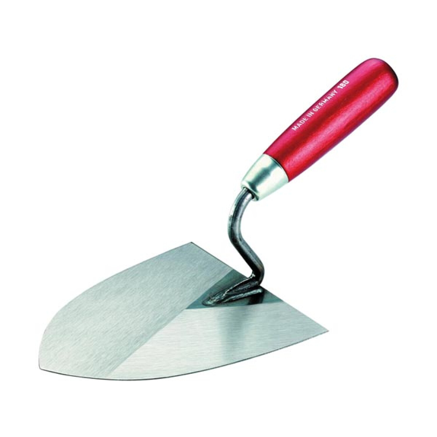 Una cazzuola con manico rosso e lama in metallo.