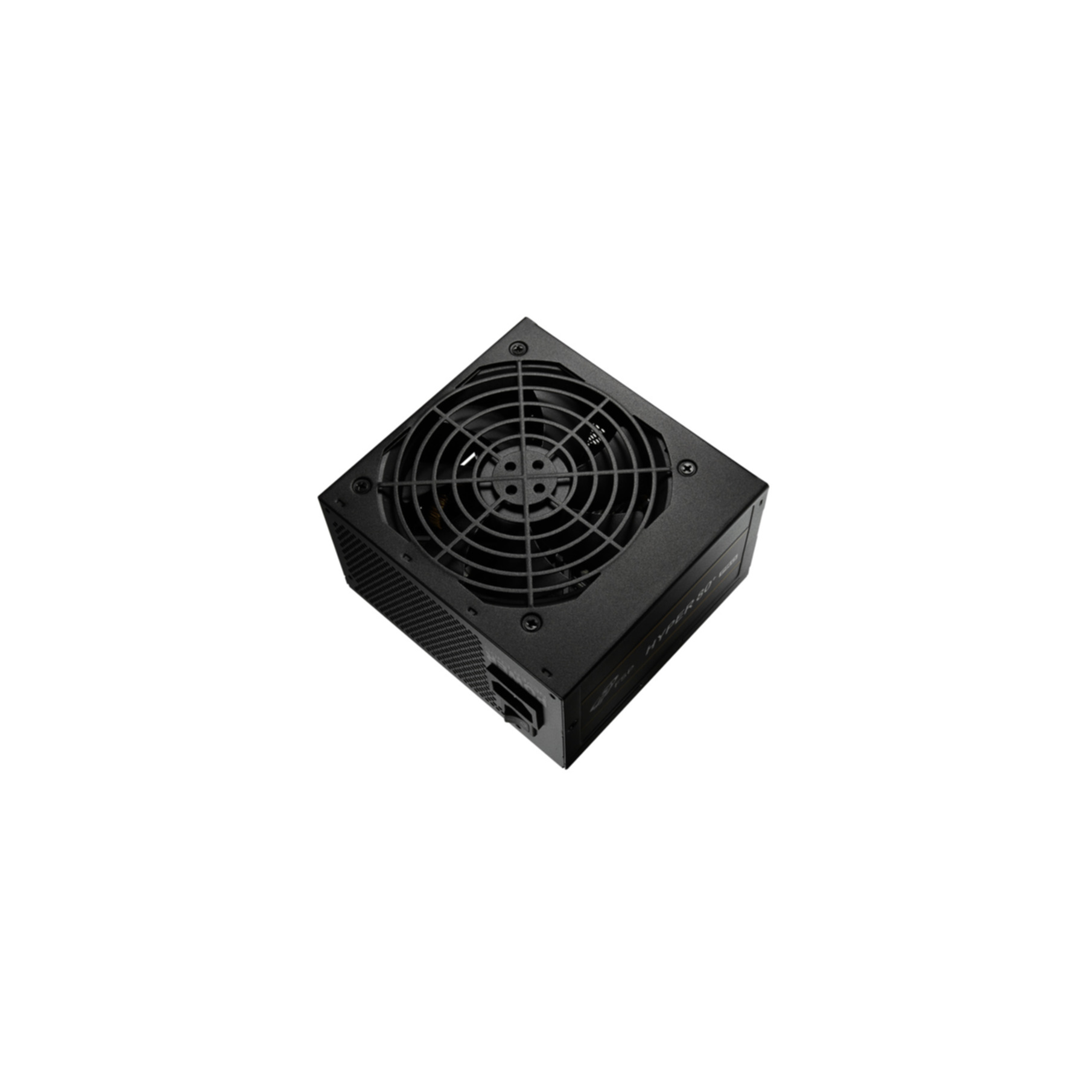 Fuente de alimentación negra con ventilador arriba y puertos al lado.