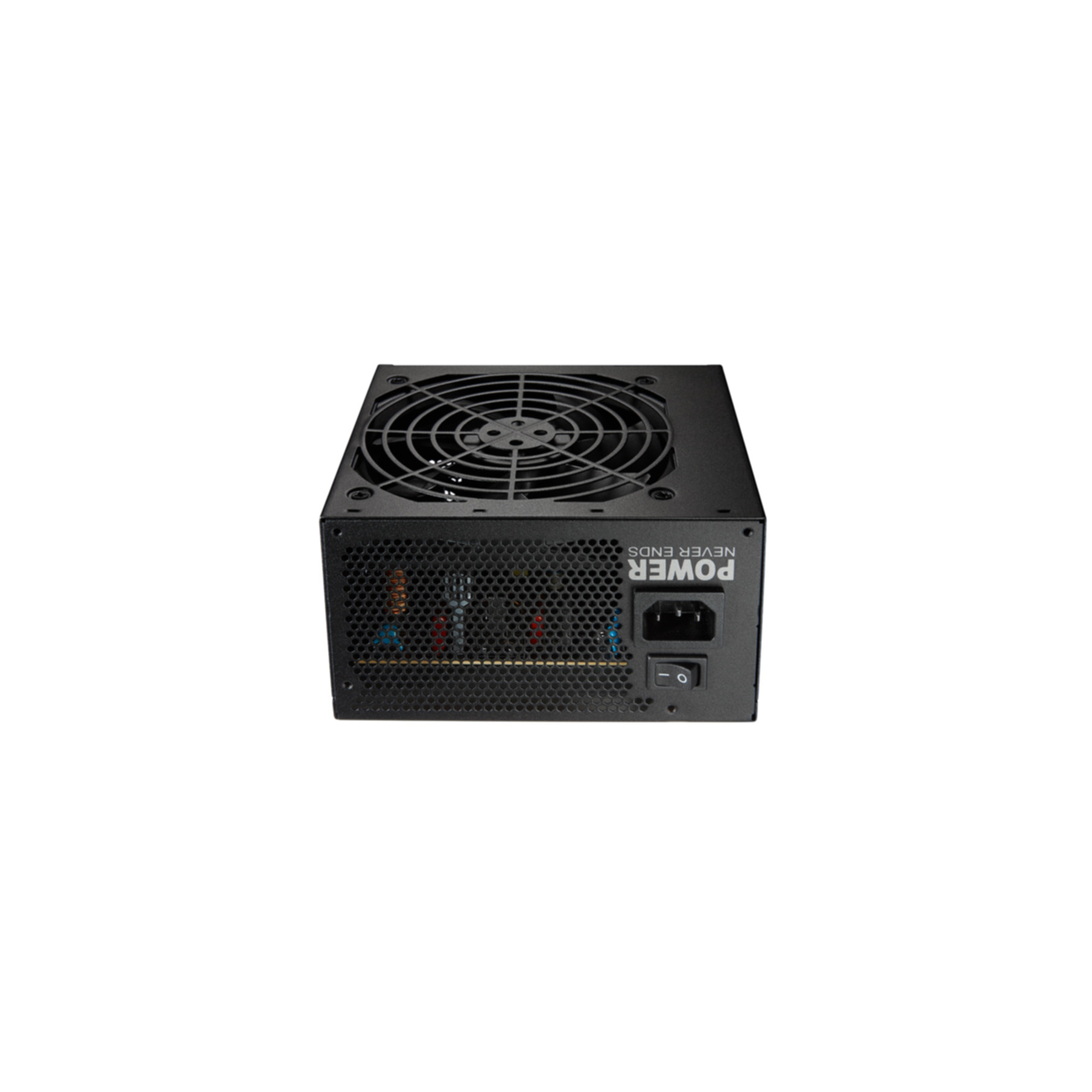 Fuente de alimentación negra con rejilla de ventilador, conector y interruptor.