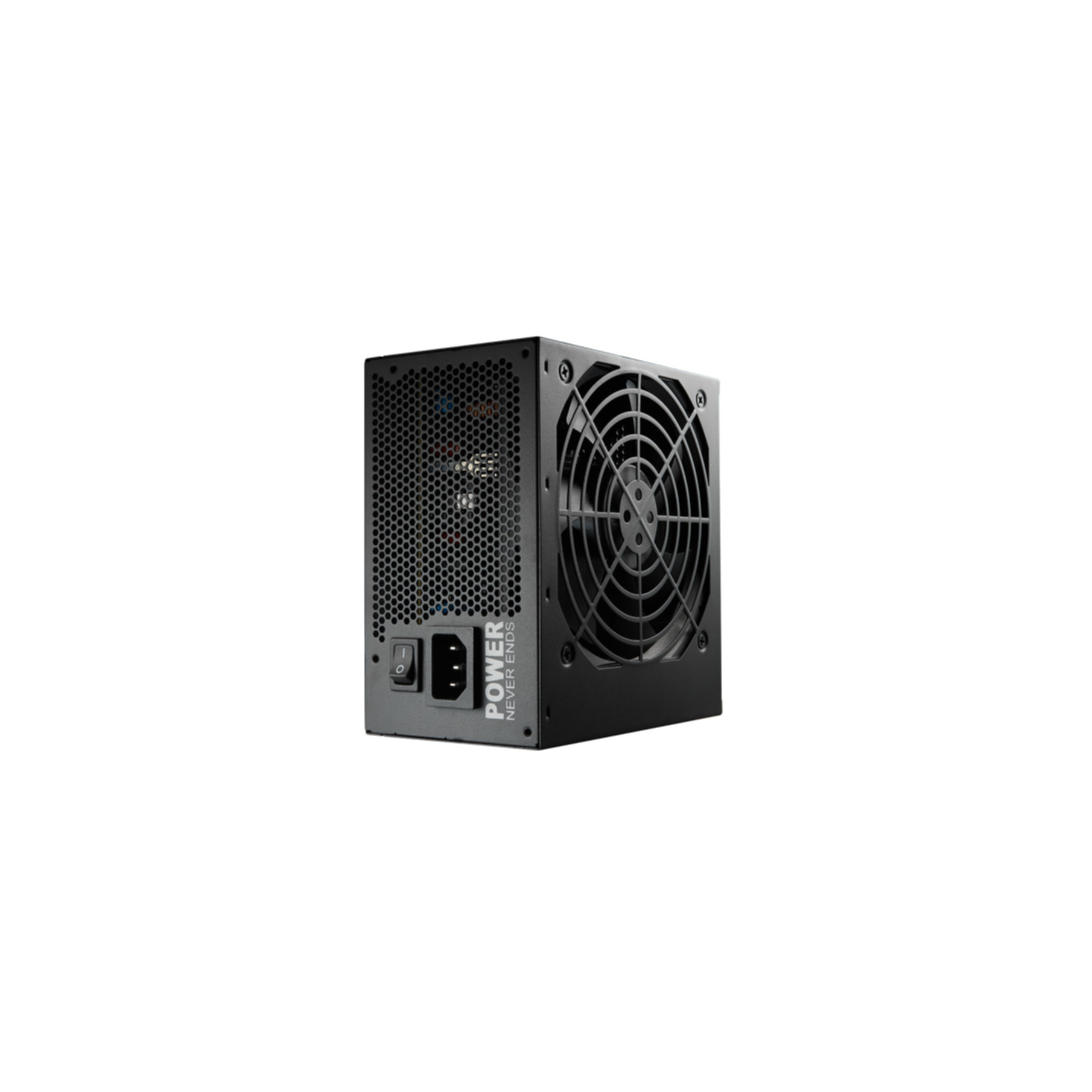 Fuente de alimentación negra con ventilador e interruptor. Etiquetada POWER NEVER ENDS.