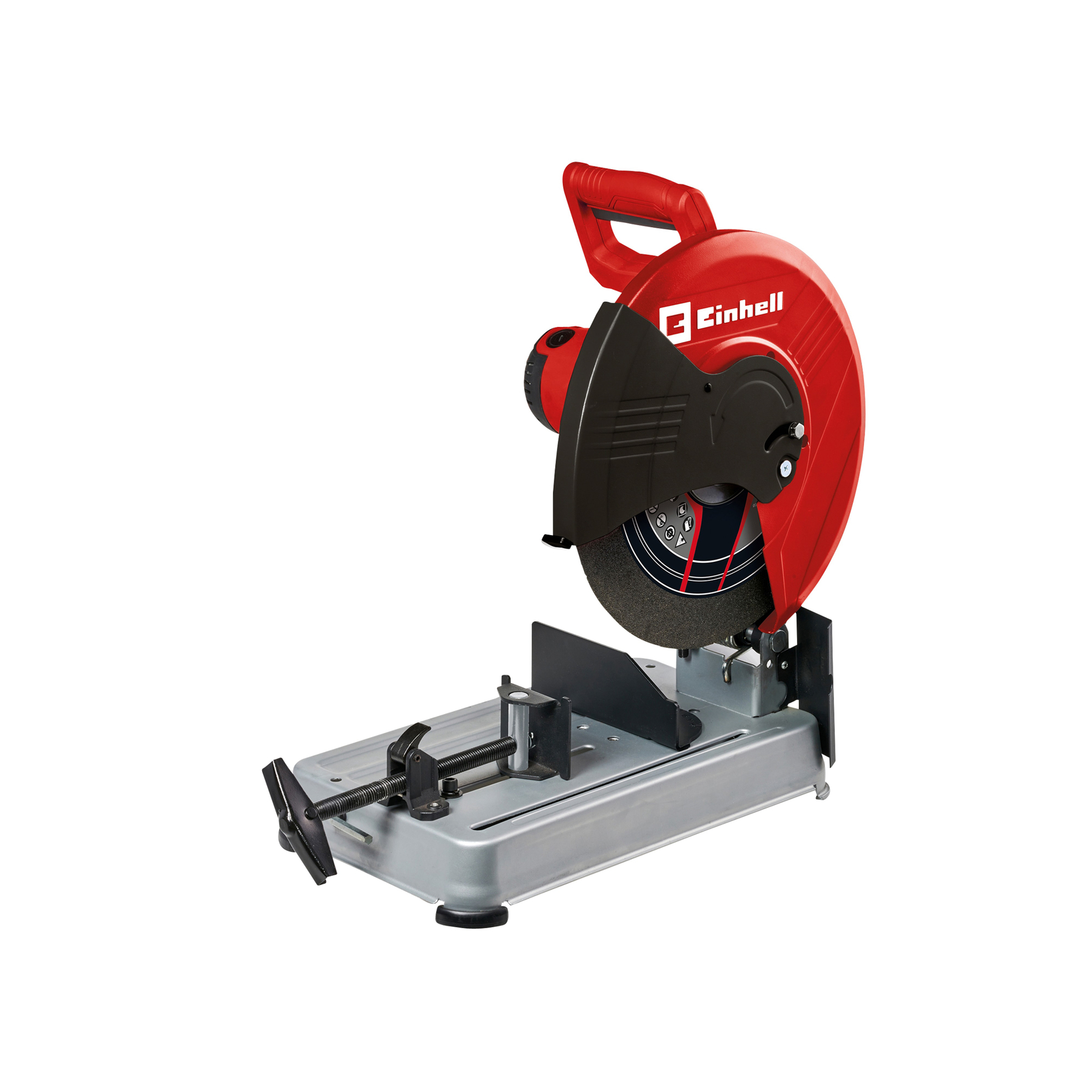 Ein roter Einhell Trennschleifer mit Sägeblatt und Metallbasis.