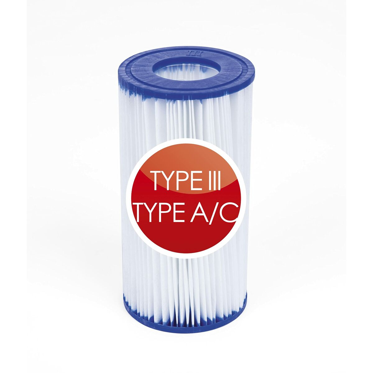 Ein weißer Poolfilter mit blauem Deckel und rotem Kreis mit "TYPE III TYPE A/C".