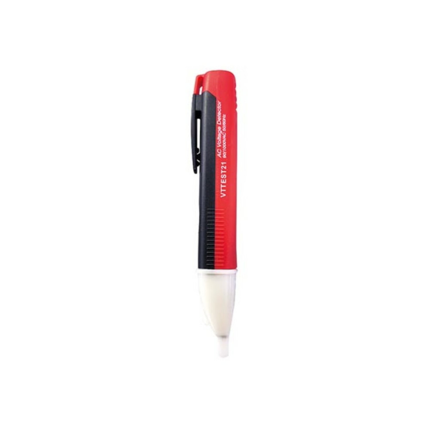 Un détecteur de tension rouge et noir sur fond blanc.
