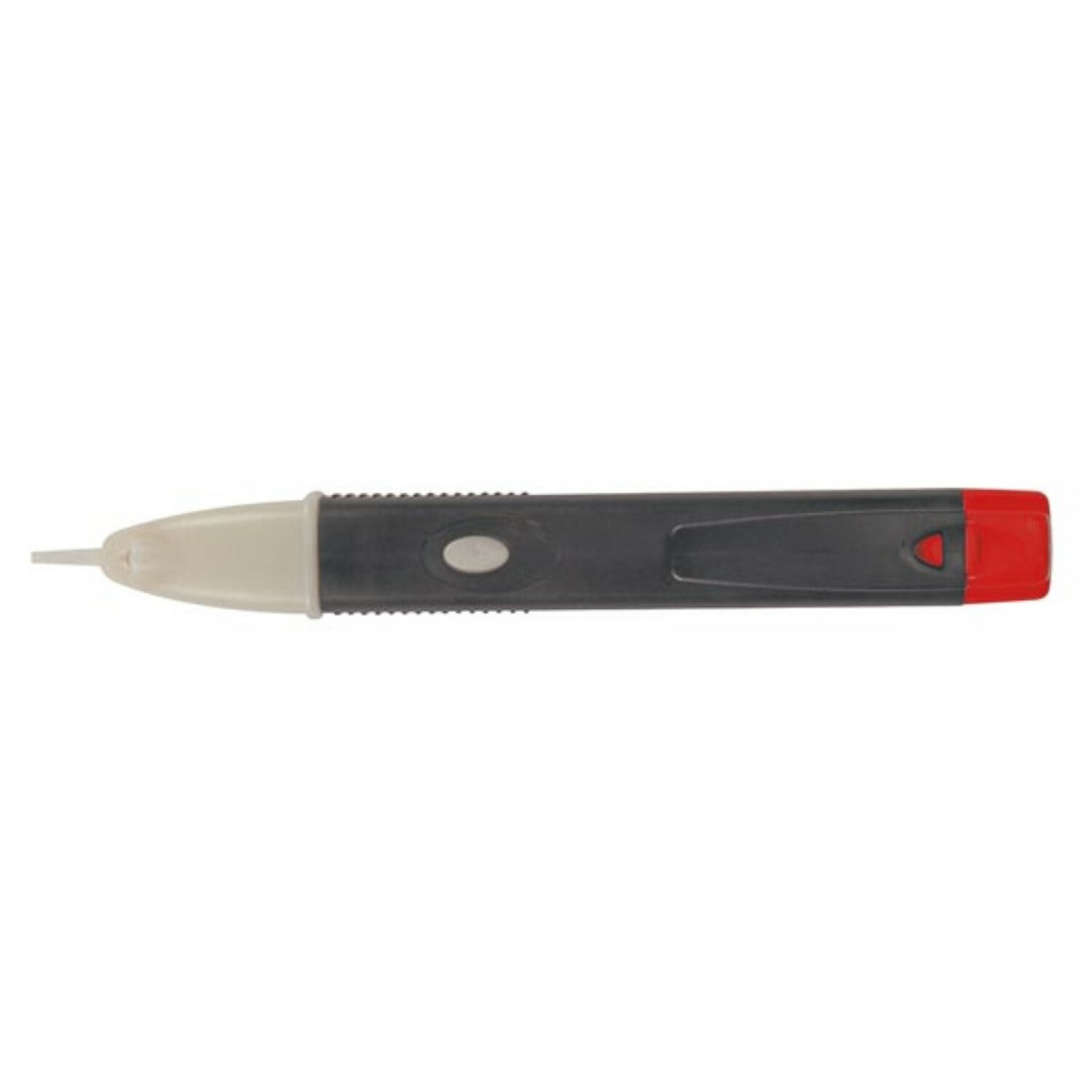 Un testeur de tension noir avec pointe beige clair et capuchon rouge.