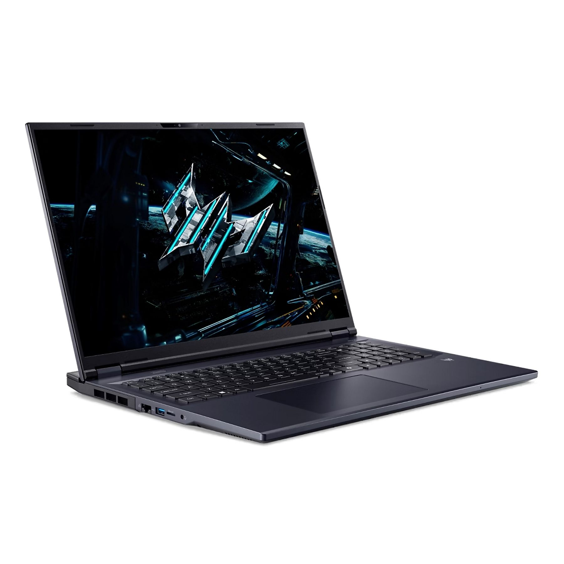 Laptop blu scuro con logo Predator illuminato sullo schermo.
