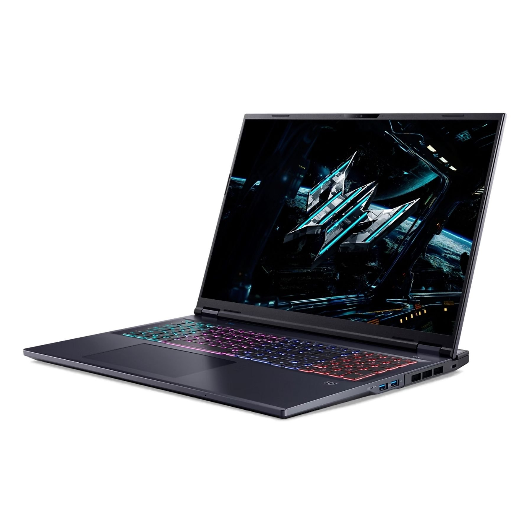 Un laptop aperto con tastiera retroilluminata colorata e sfondo futuristico.