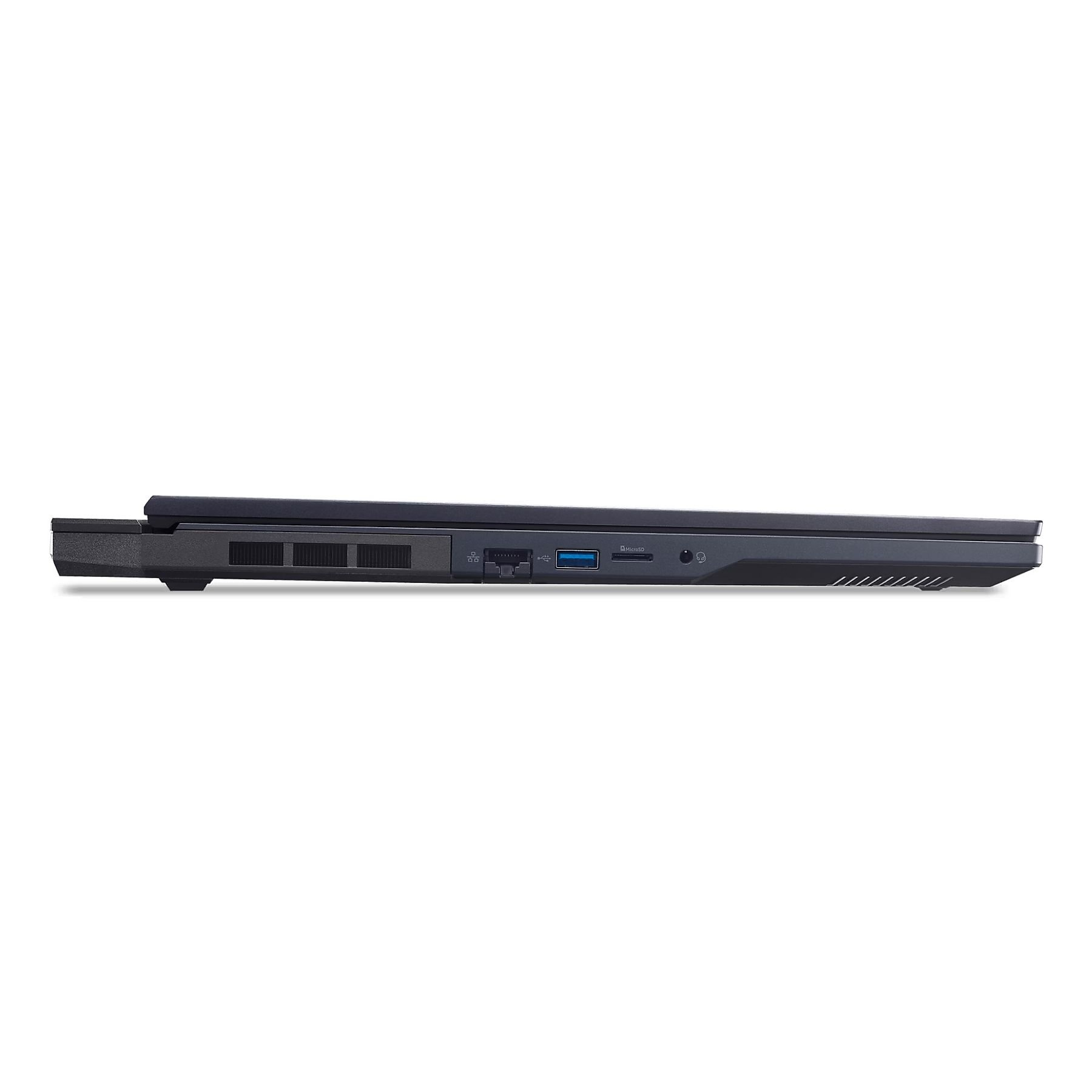 Vista laterale di un laptop nero con slot USB e schede SD.