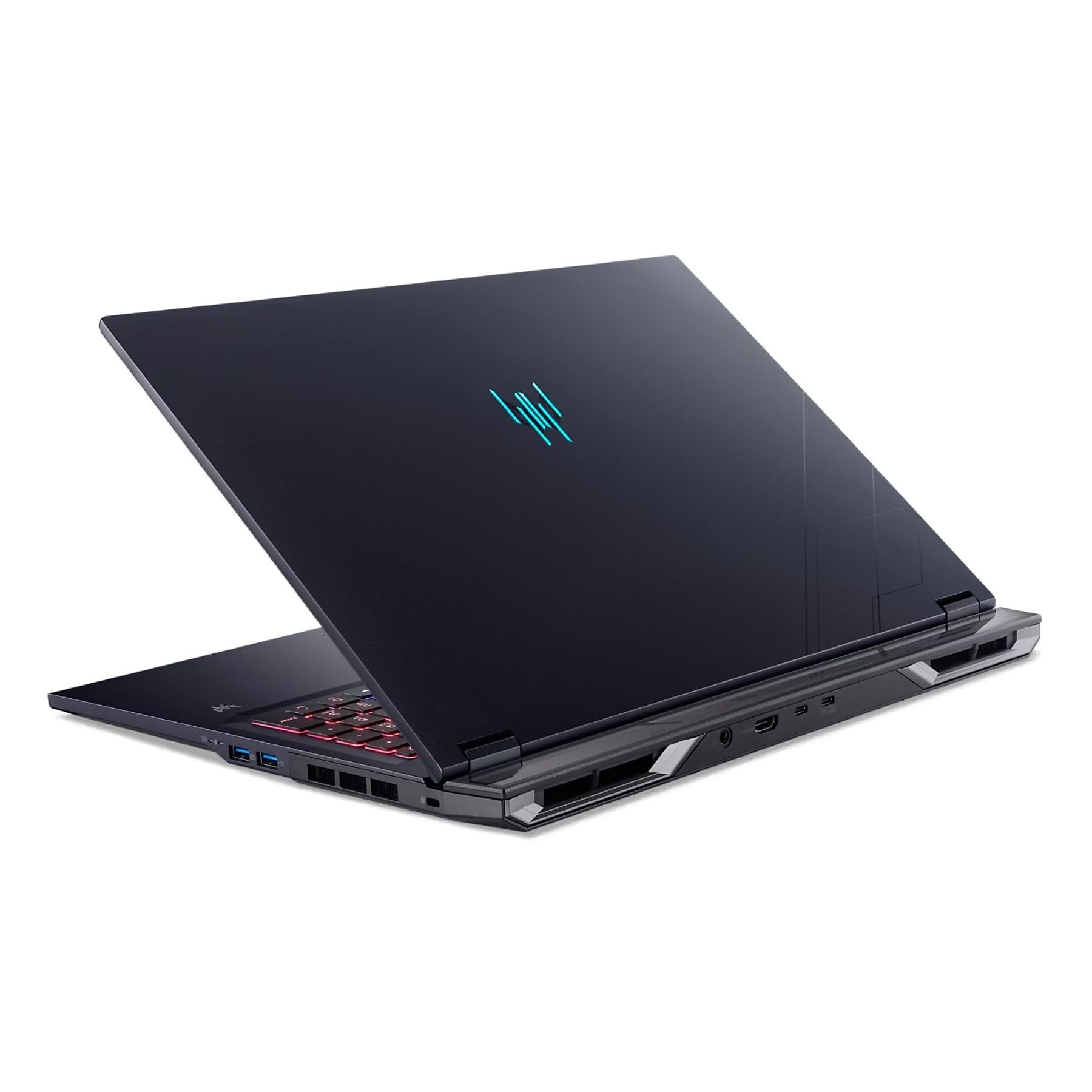 Laptop blu scuro con tastiera illuminata e logo sul coperchio.