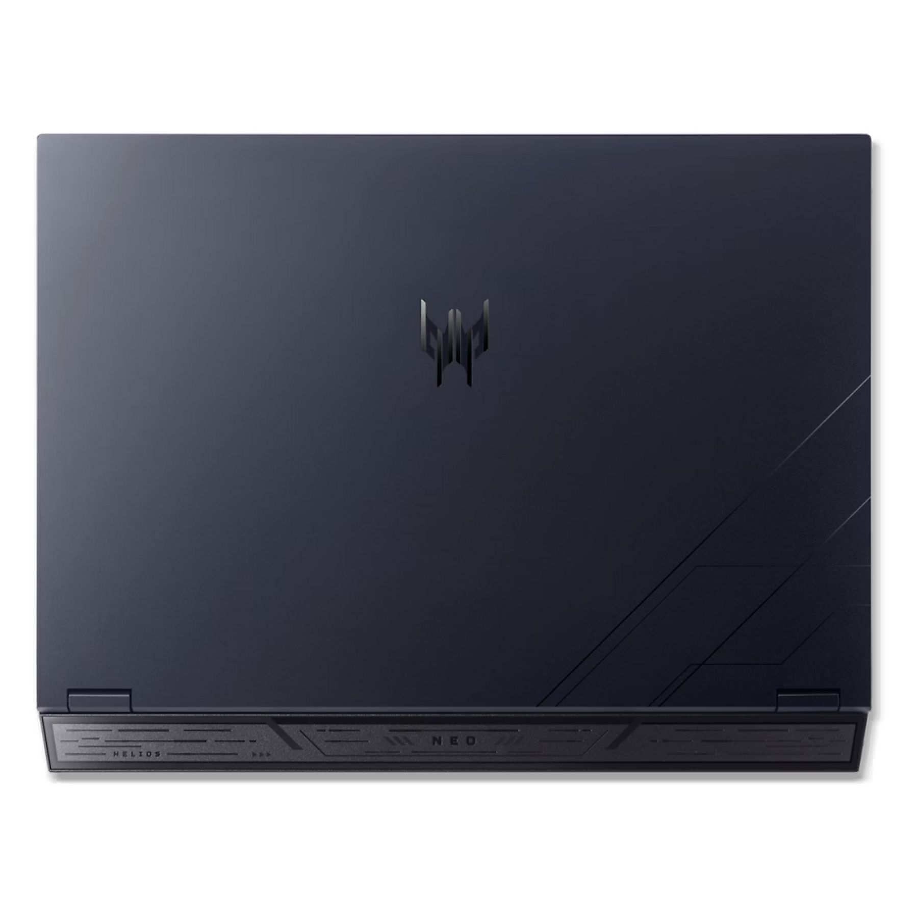 Laptop blu scuro con logo Predator e design a linee geometriche.