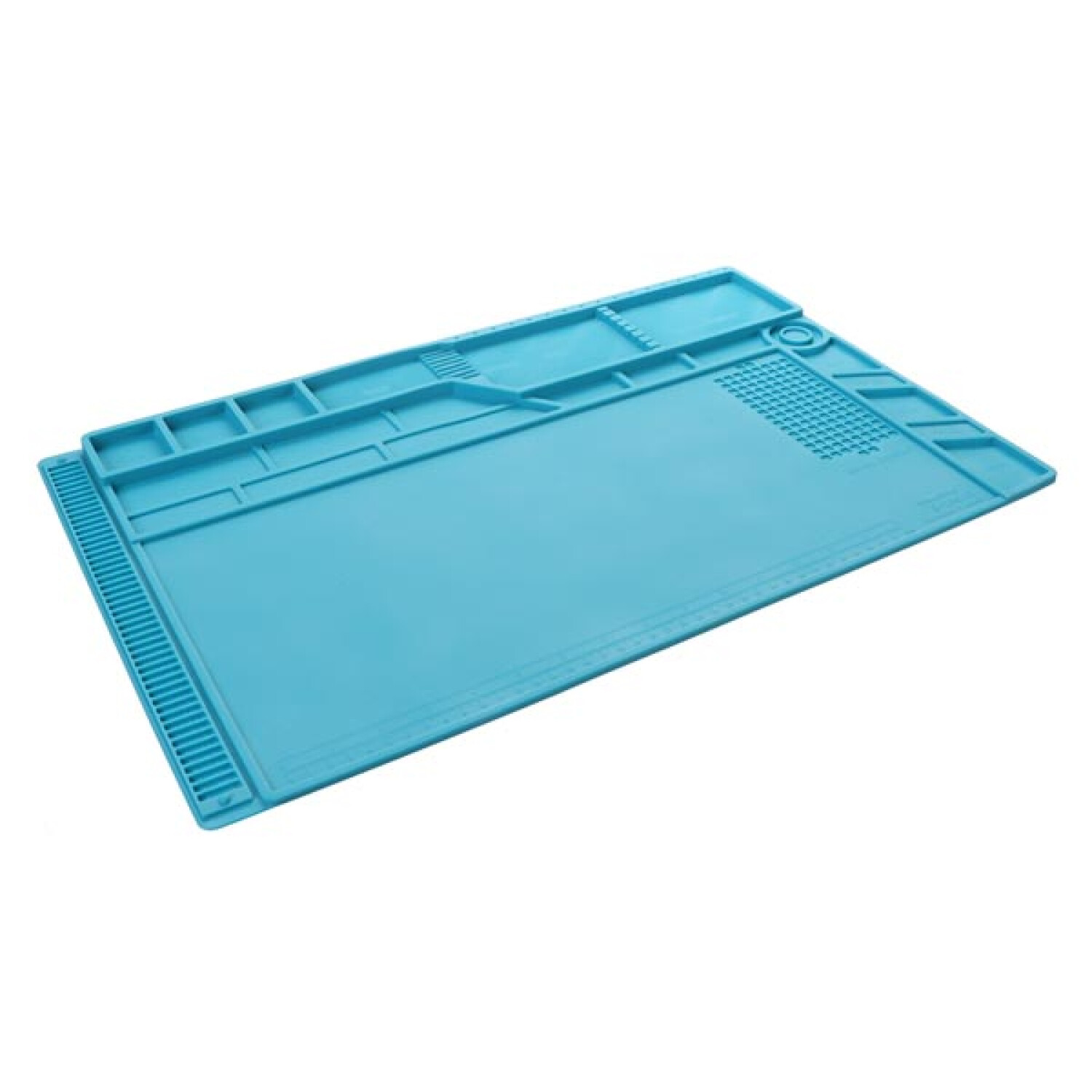 Eine hellblaue Silikonmatte mit Fächern und Skalen für die Reparatur von Elektronik.