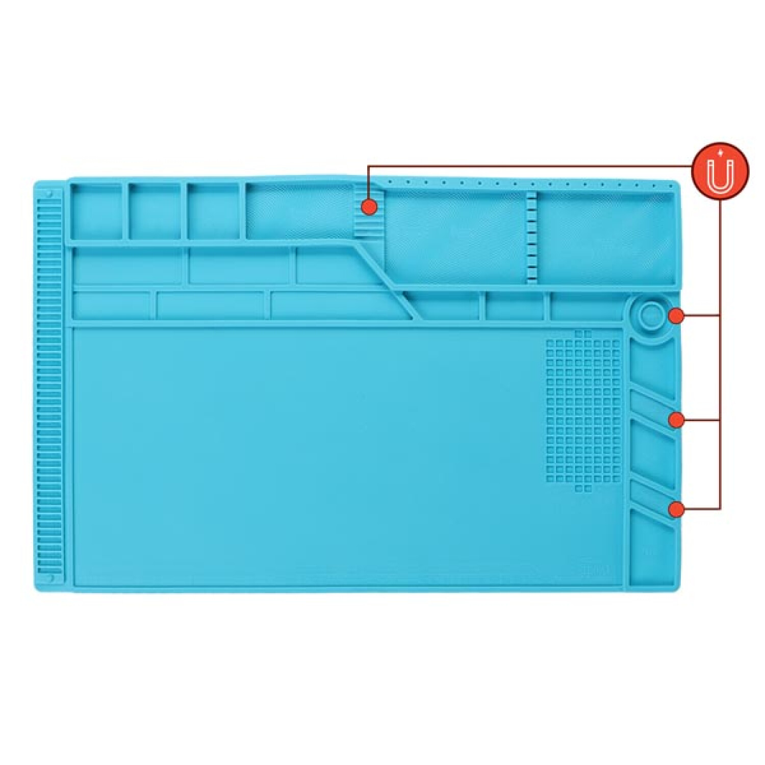 Eine hellblaue Silikonmatte mit Fächern und einem magnetischen Symbol.