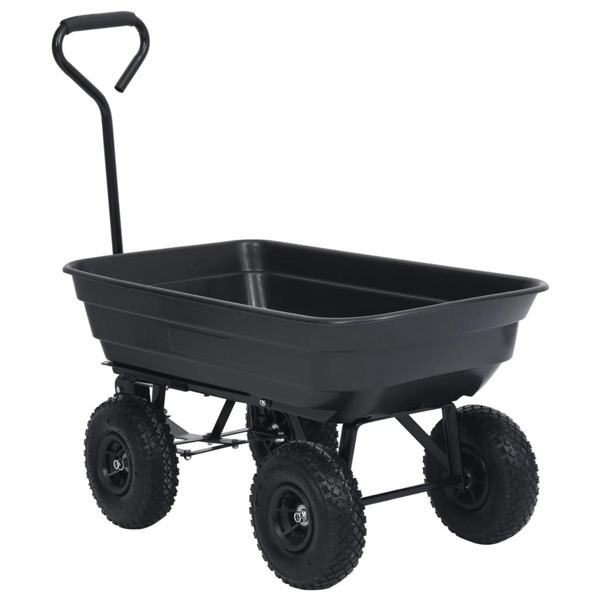 Ein schwarzer Gartenwagen mit vier Rädern und einem Griff.