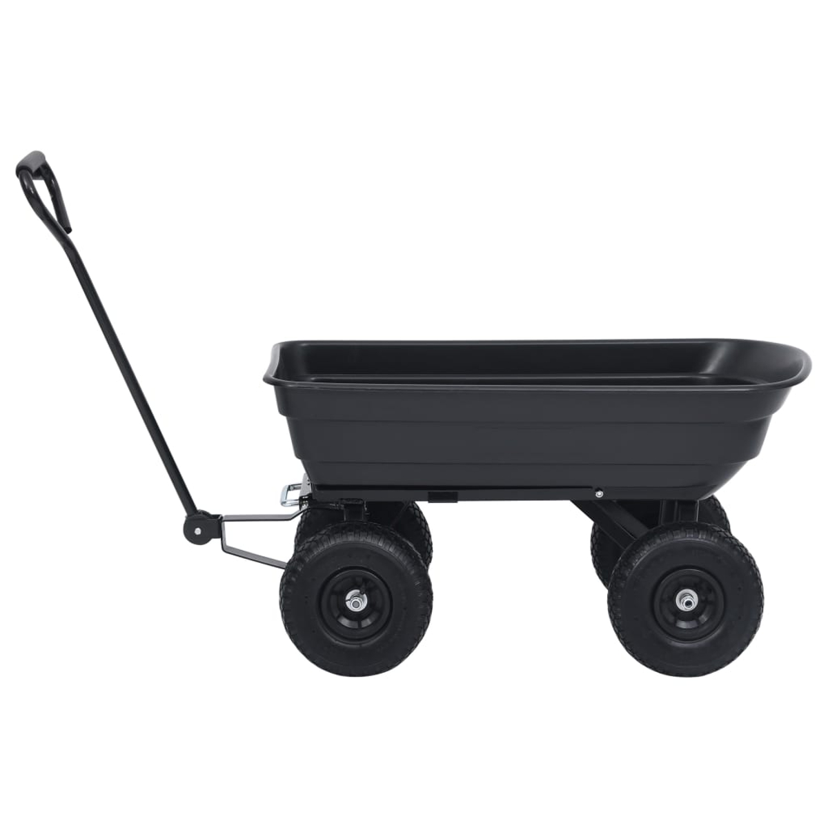 Schwarzer Gartenwagen mit vier Rädern und einem Griff.