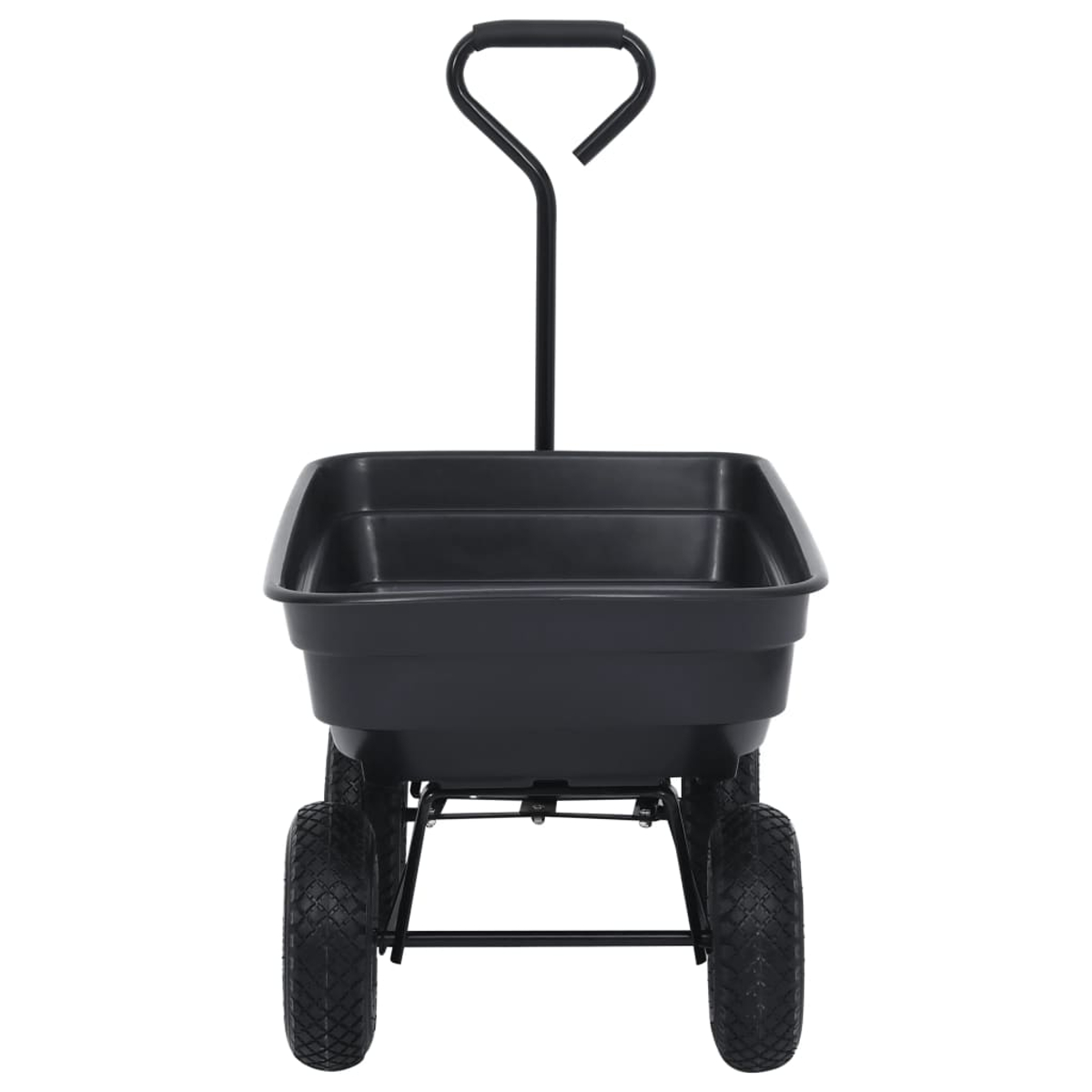 Schwarzer Gartenwagen mit zwei Rädern und Griff.