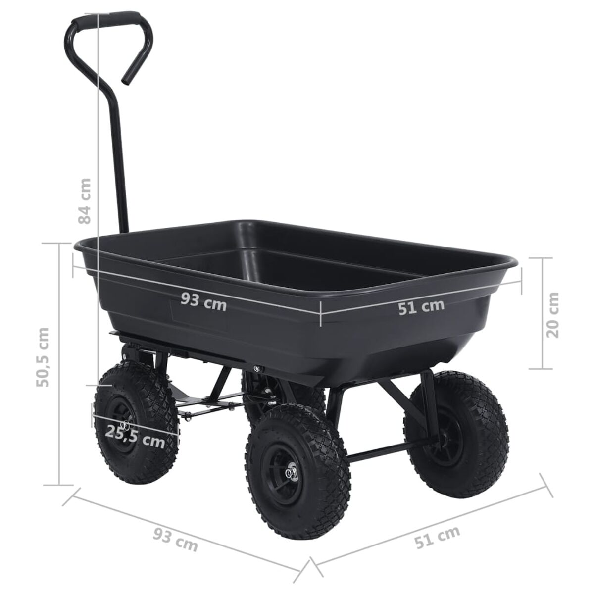 Schwarzer Gartenwagen mit vier Rädern und Griff. Maße sind angegeben.